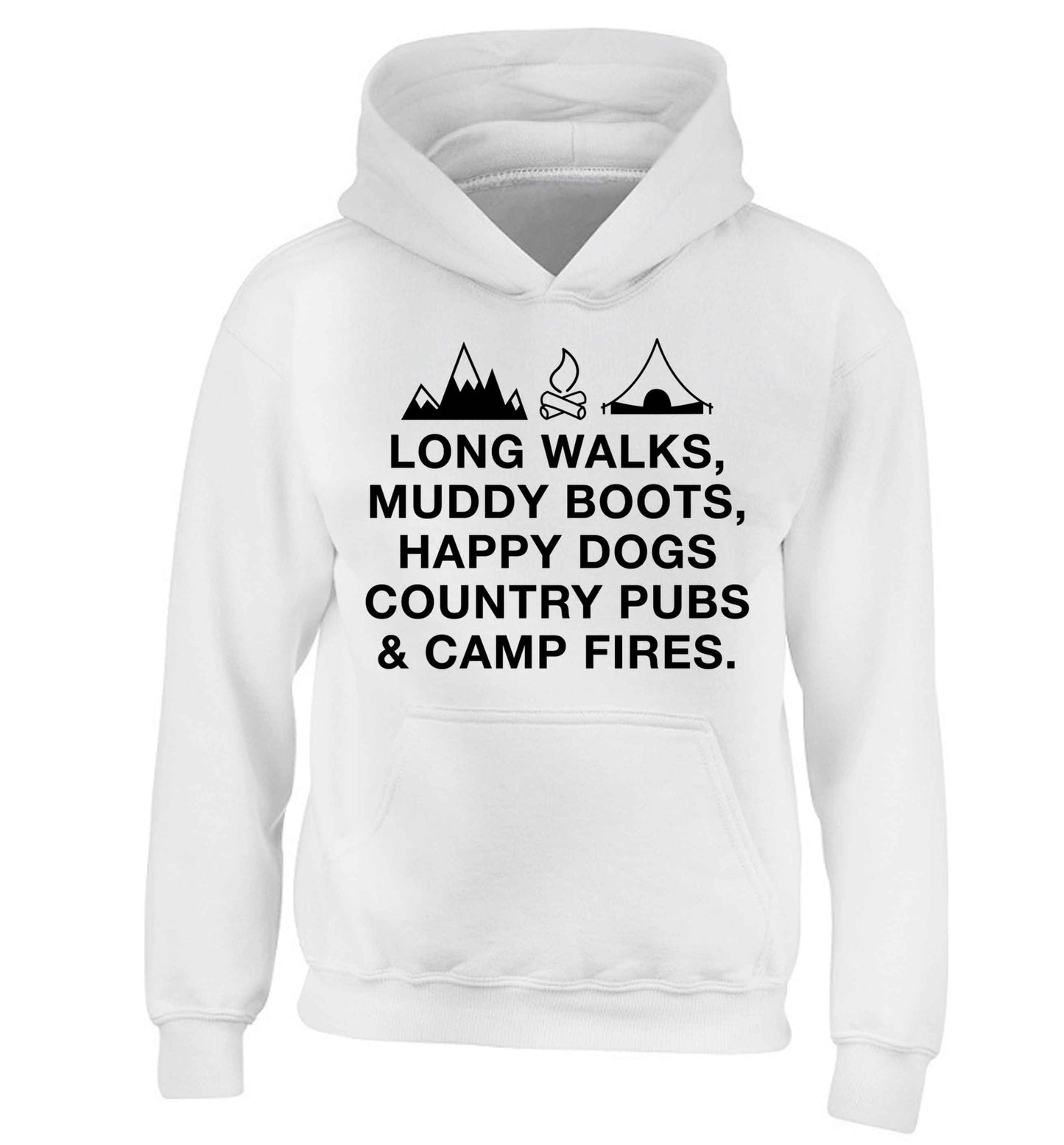 Long walks muddy boots happy dogs country pubs and camp fires children's white hoodie 12-13 Years