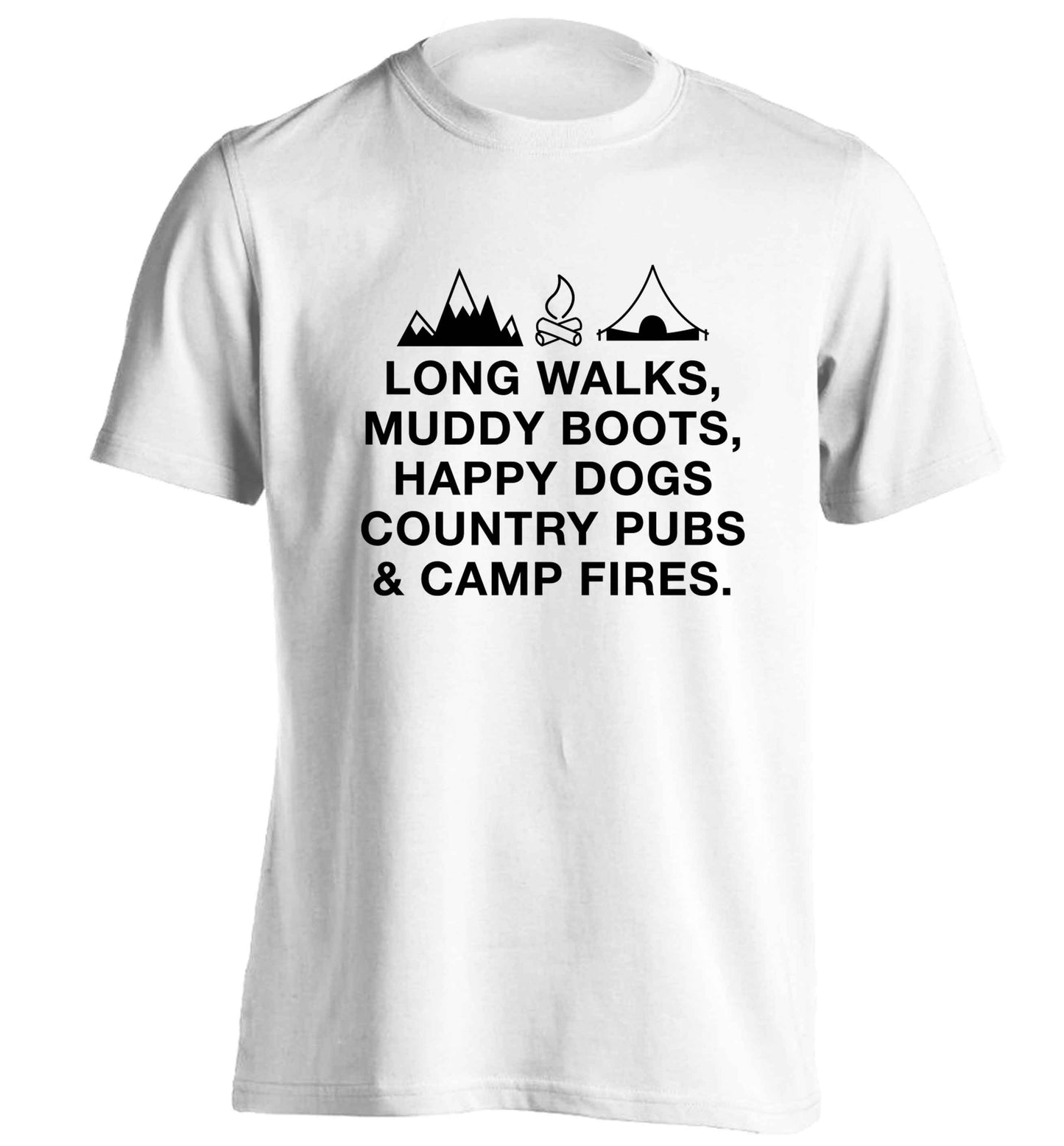Long walks muddy boots happy dogs country pubs and camp fires adults unisex white Tshirt 2XL