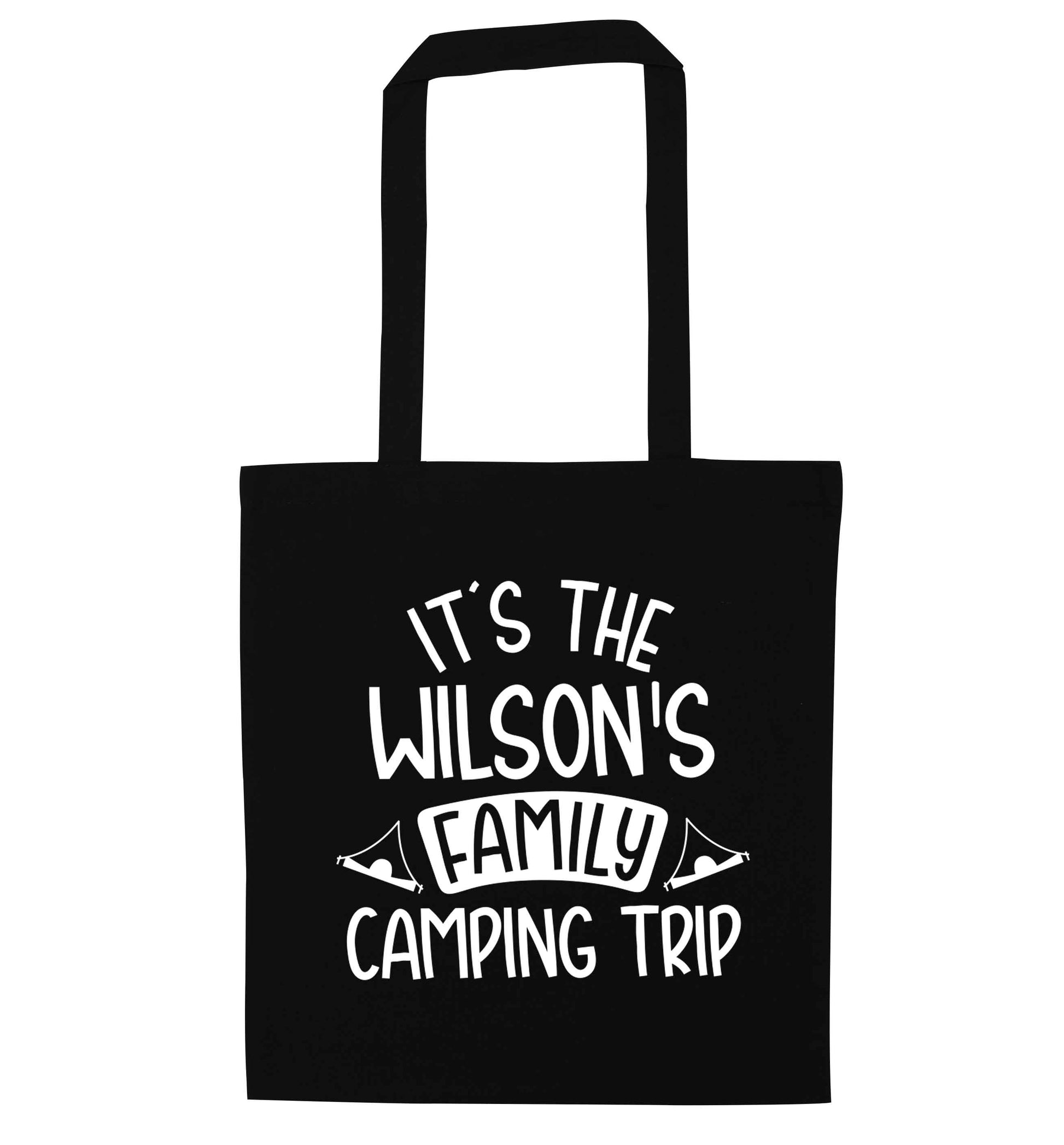 It's the Wilson's family camping trip personalised black tote bag