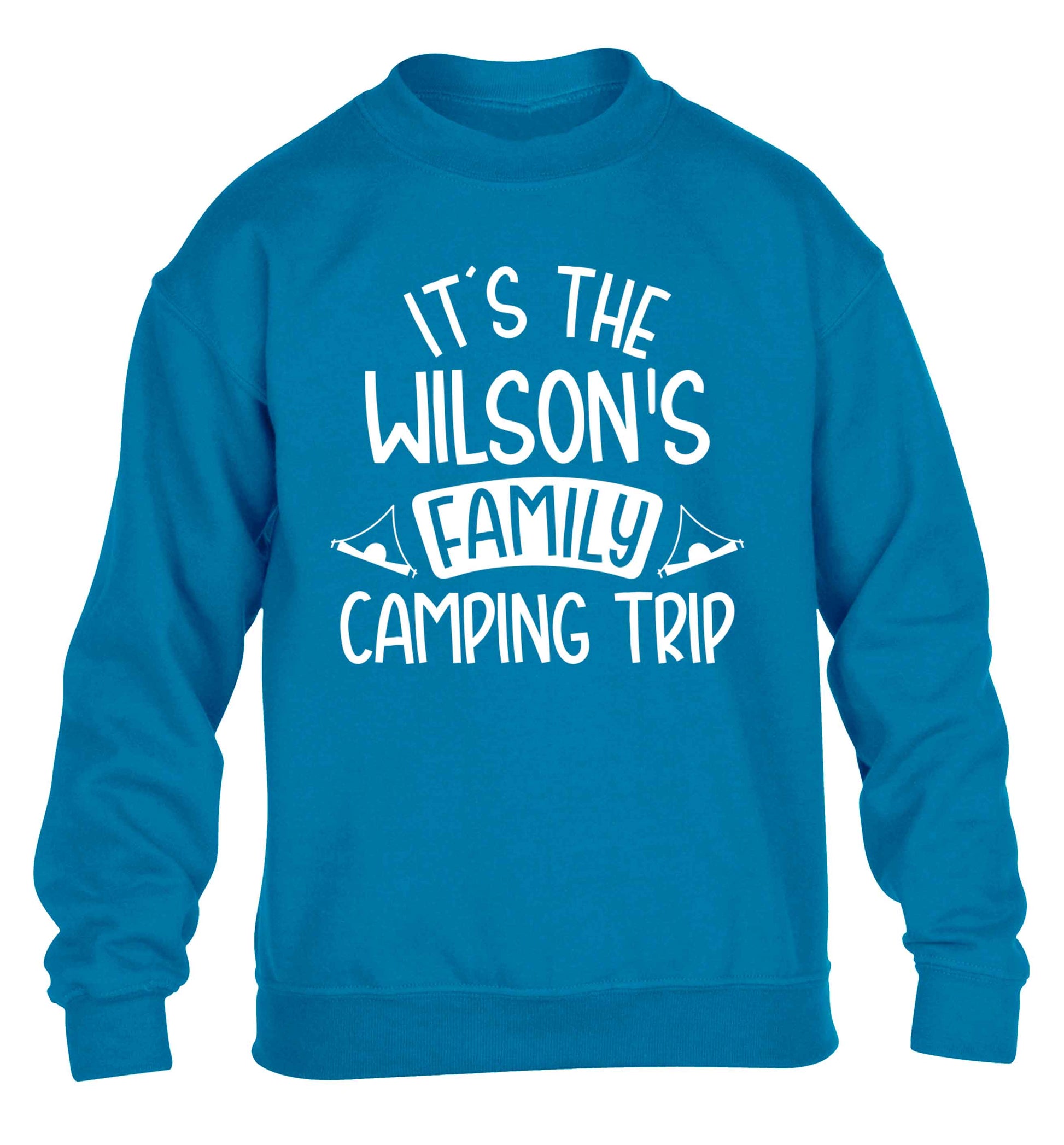 It's the Wilson's family camping trip personalised children's blue sweater 12-13 Years
