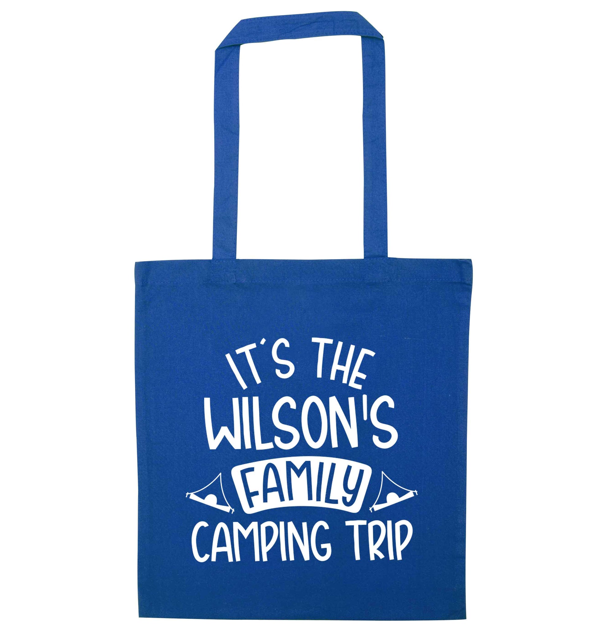 It's the Wilson's family camping trip personalised blue tote bag