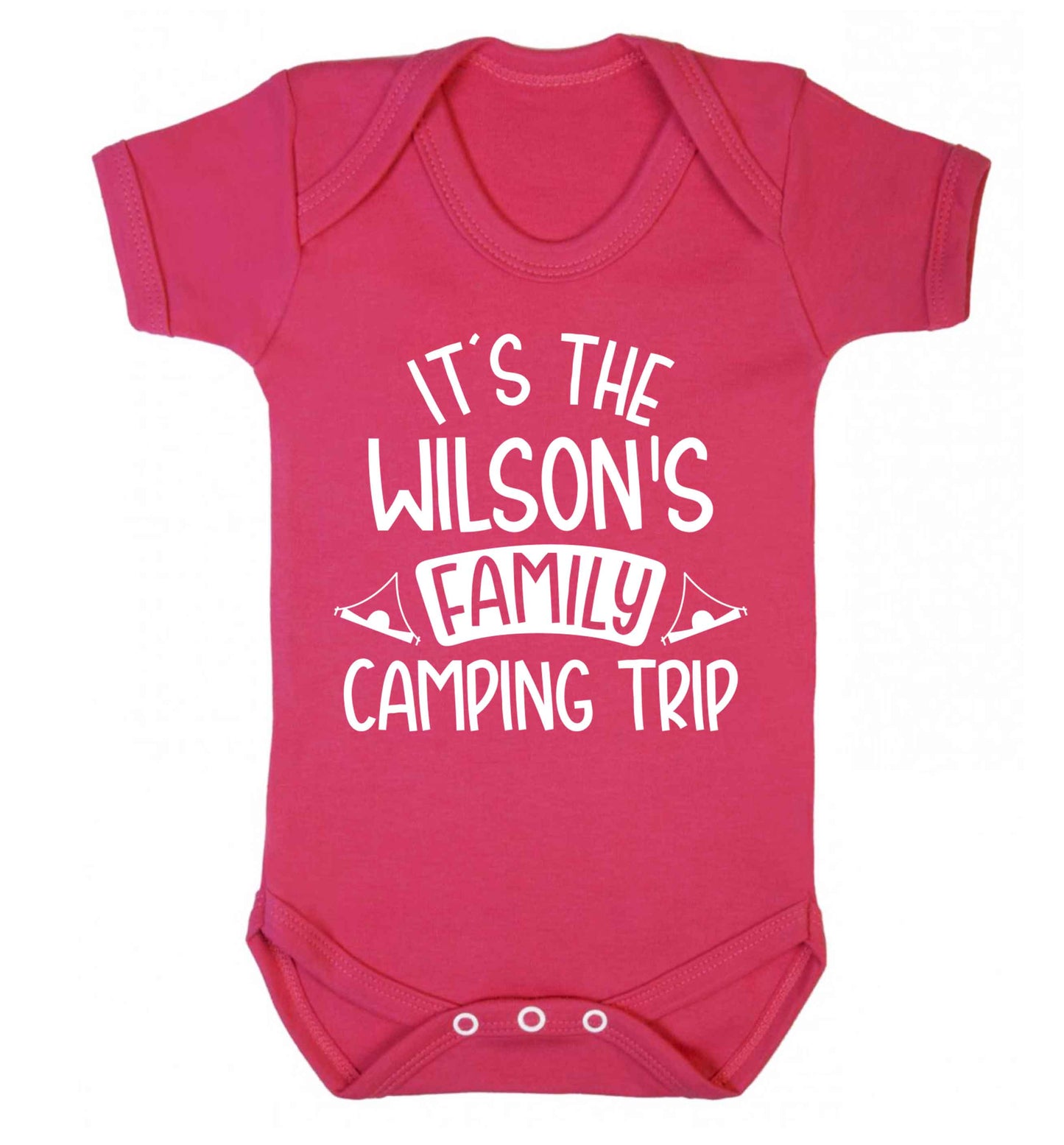 It's the Wilson's family camping trip personalised Baby Vest dark pink 18-24 months
