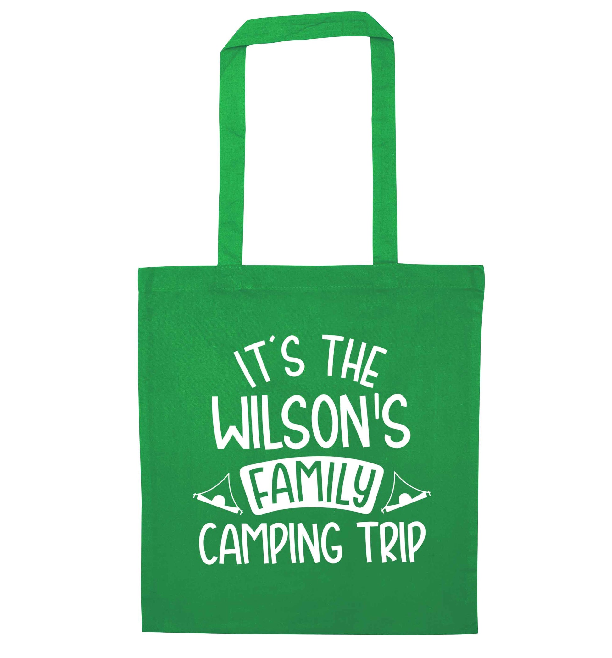 It's the Wilson's family camping trip personalised green tote bag