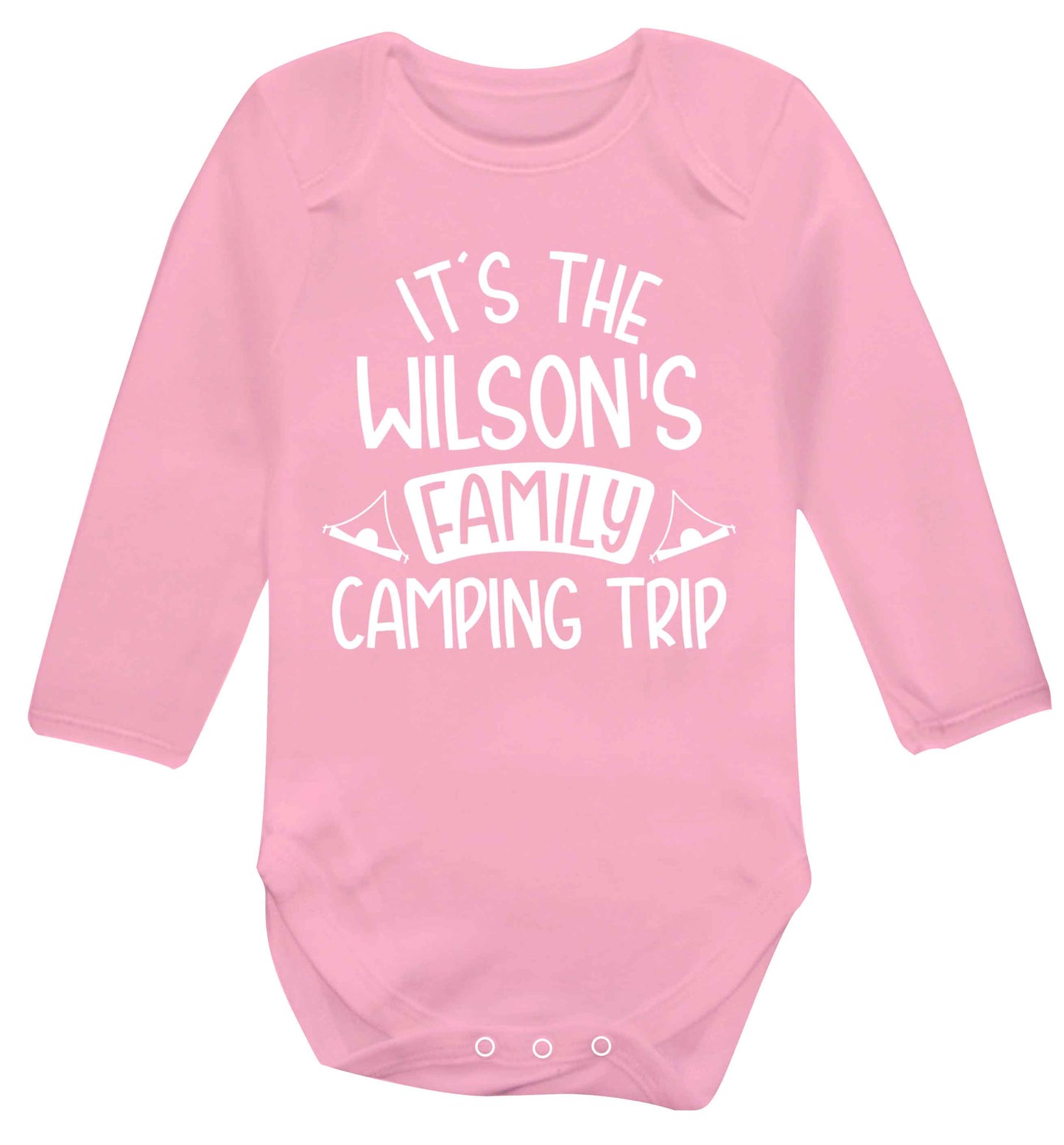 It's the Wilson's family camping trip personalised Baby Vest long sleeved pale pink 6-12 months
