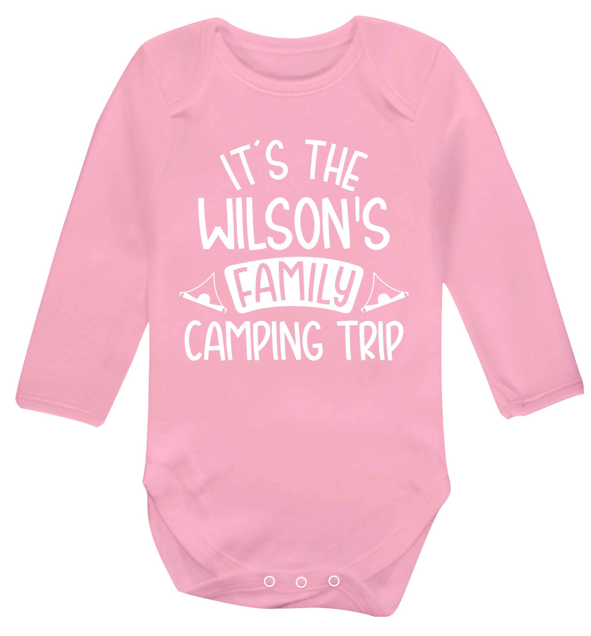 It's the Wilson's family camping trip personalised Baby Vest long sleeved pale pink 6-12 months