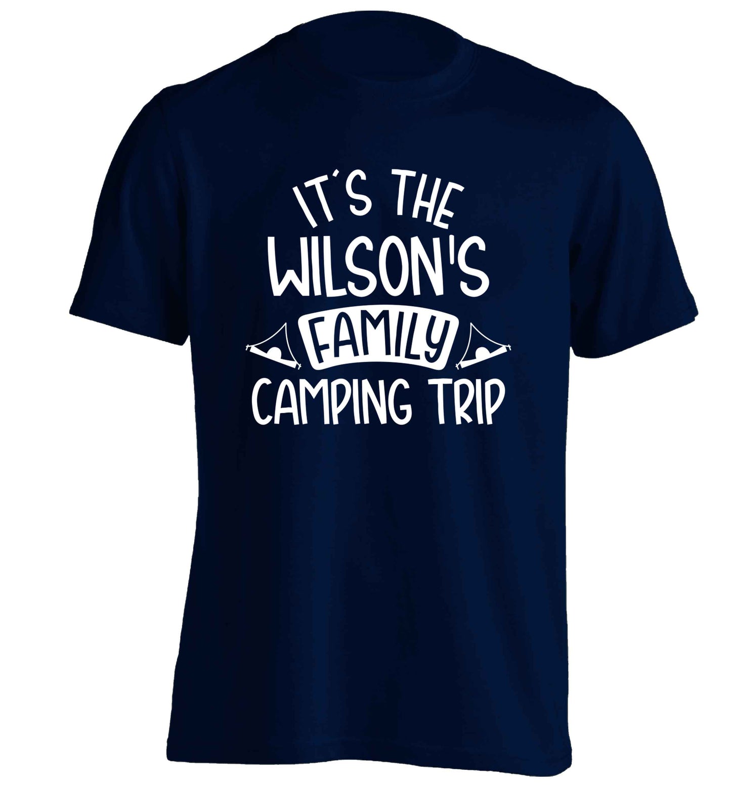 It's the Wilson's family camping trip personalised adults unisex navy Tshirt 2XL