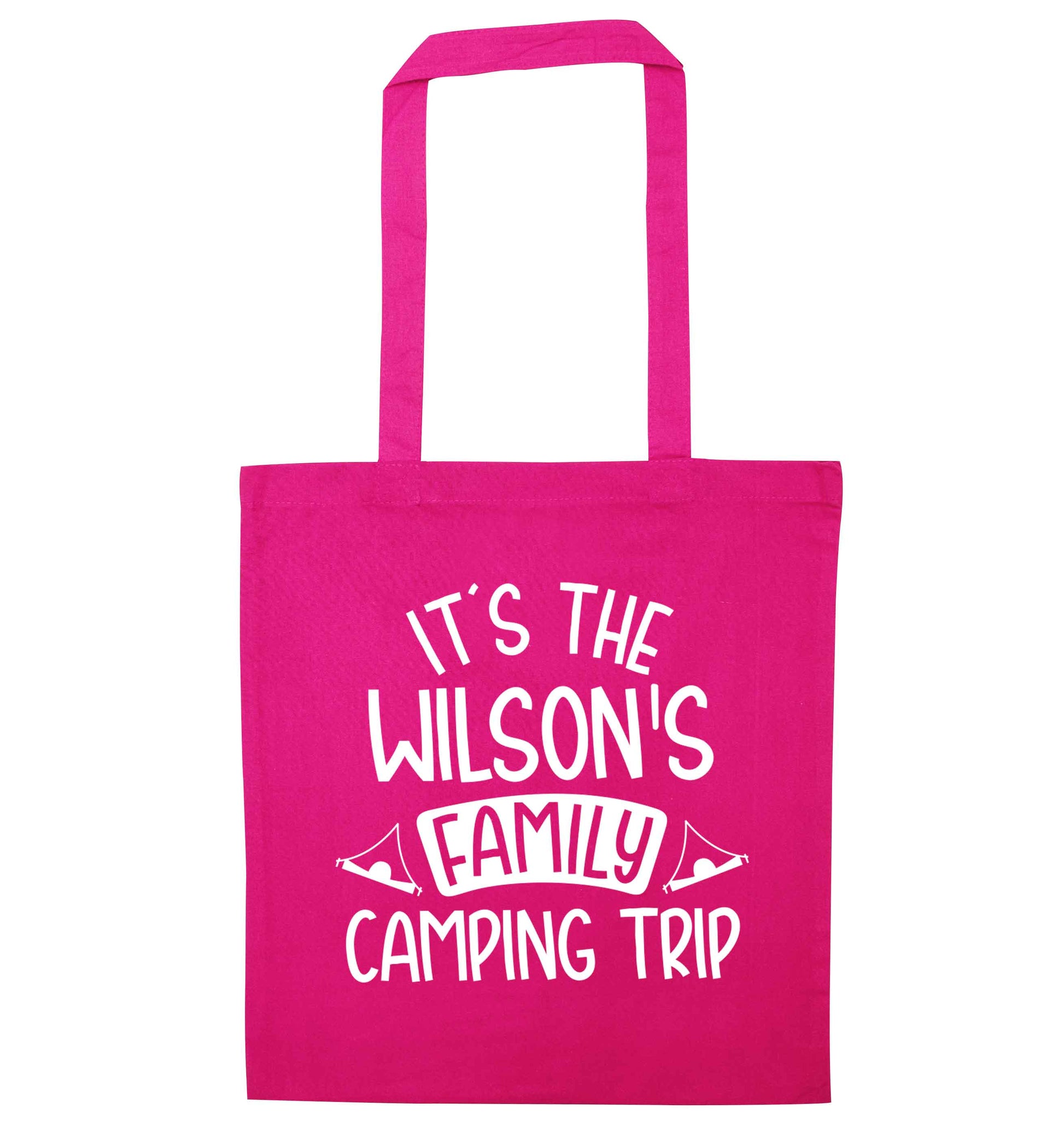 It's the Wilson's family camping trip personalised pink tote bag