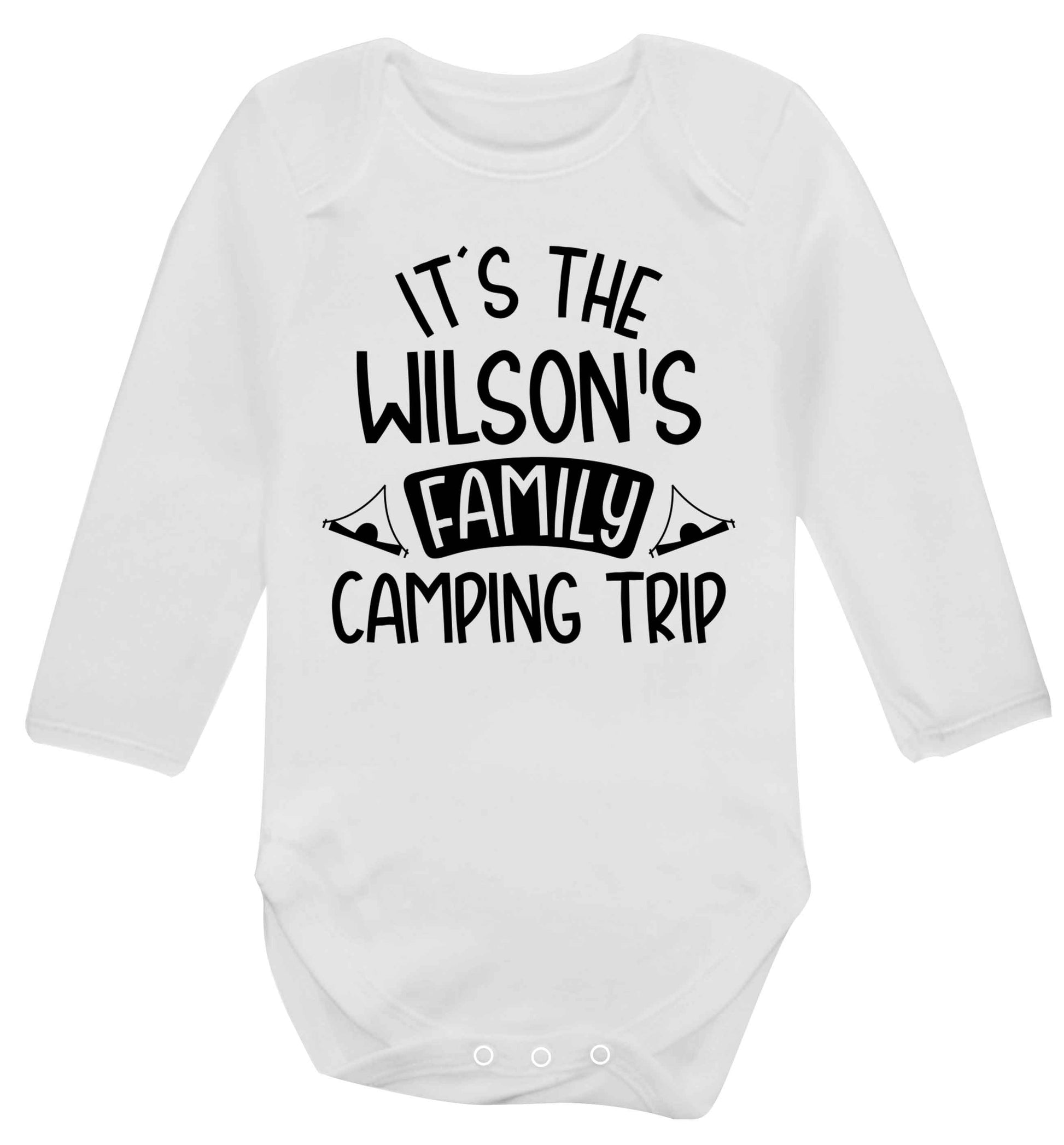 It's the Wilson's family camping trip personalised Baby Vest long sleeved white 6-12 months