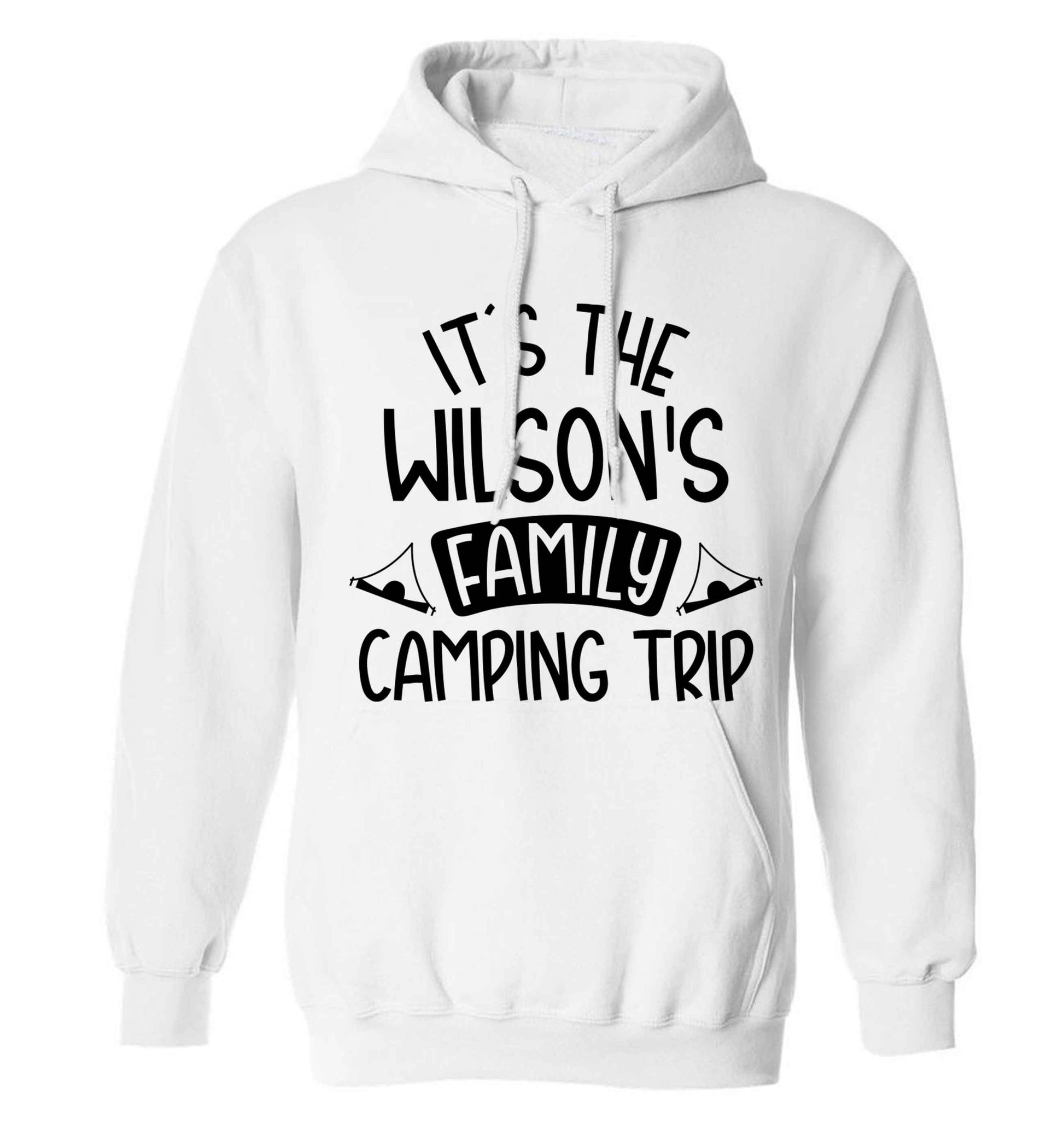 It's the Wilson's family camping trip personalised adults unisex white hoodie 2XL