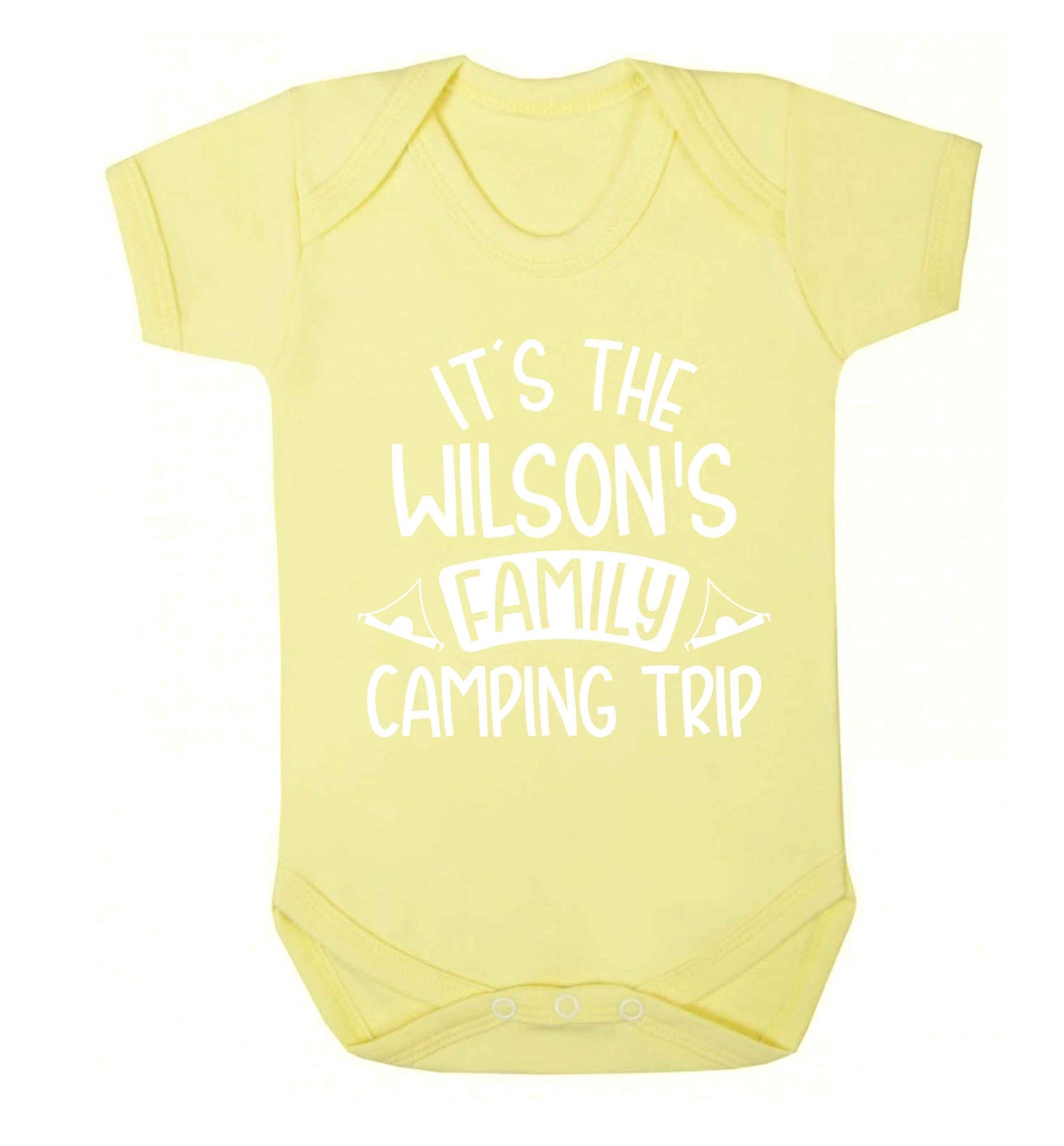 It's the Wilson's family camping trip personalised Baby Vest pale yellow 18-24 months