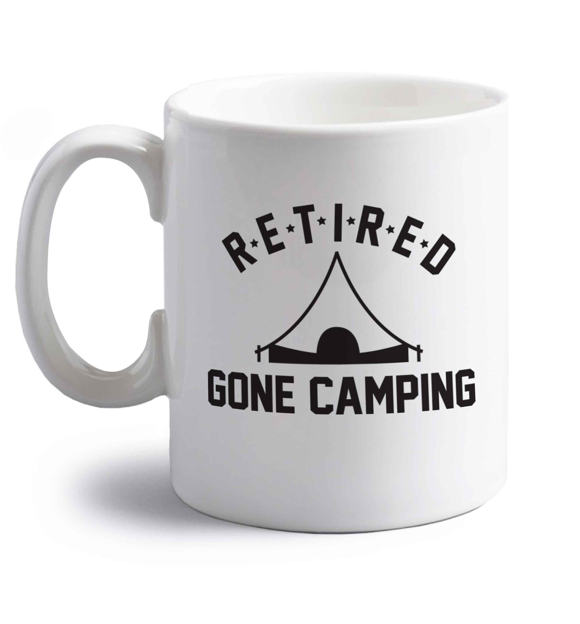 Retired gone camping right handed white ceramic mug 