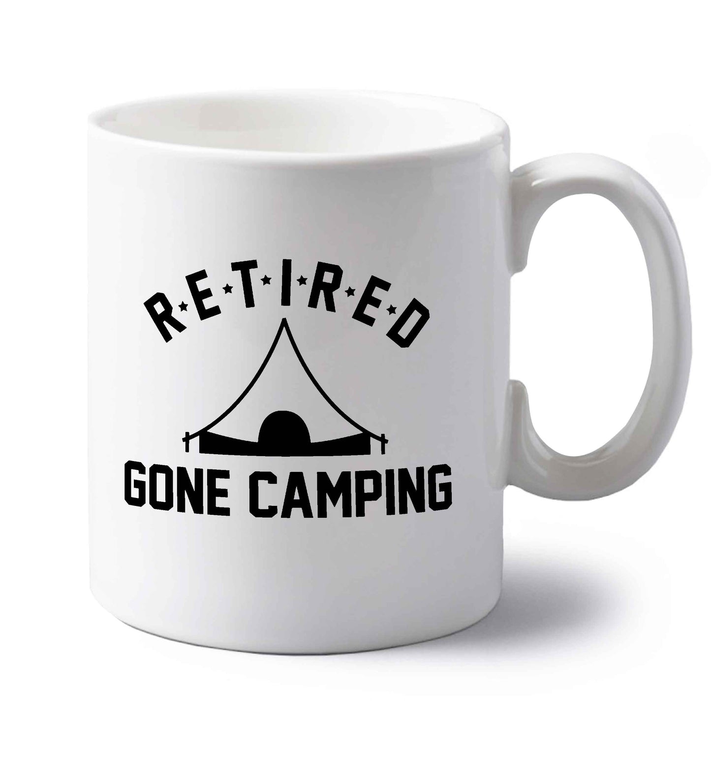 Retired gone camping left handed white ceramic mug 