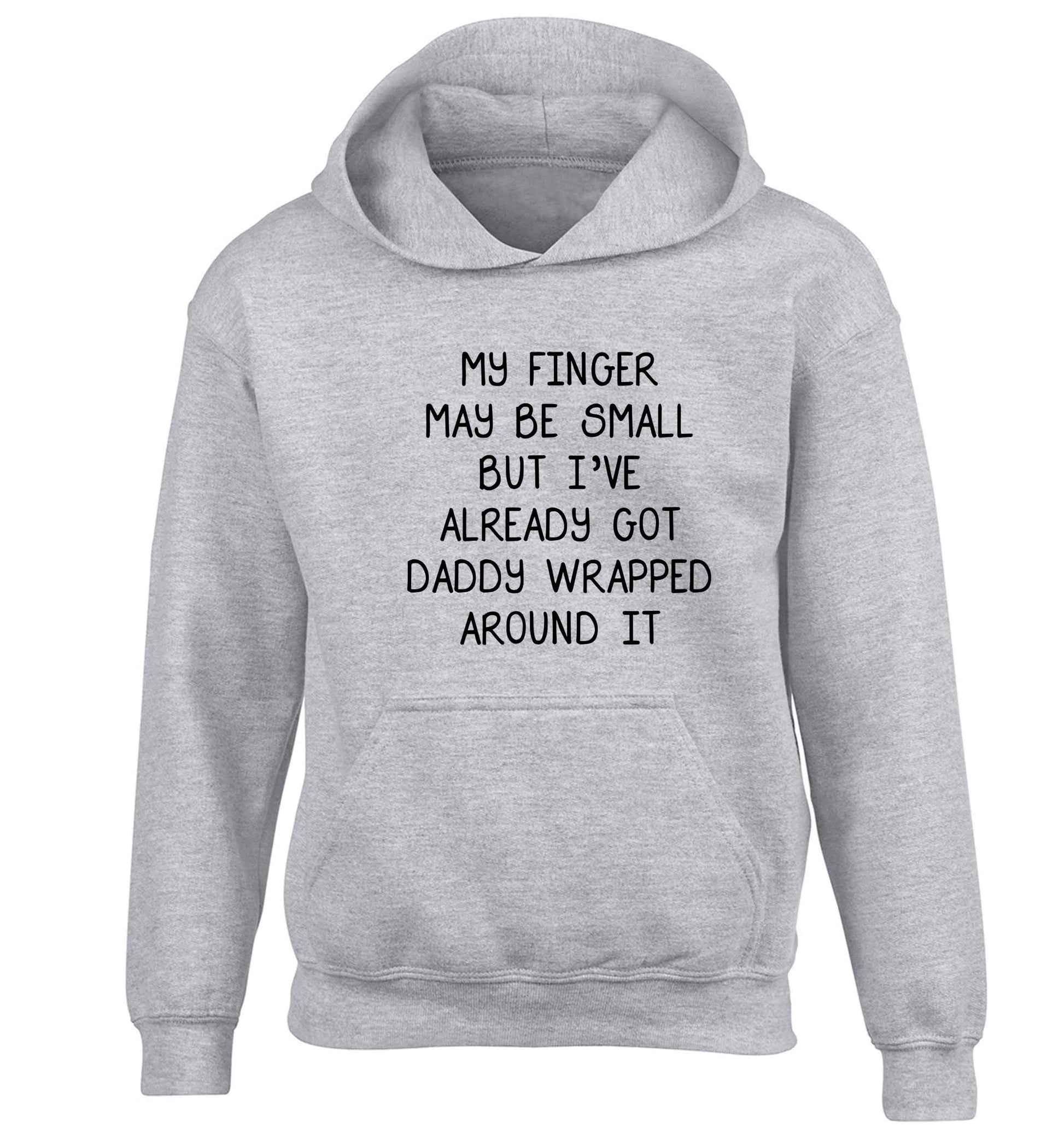 My finger may be small but I've already got daddy wrapped around it children's grey hoodie 12-13 Years