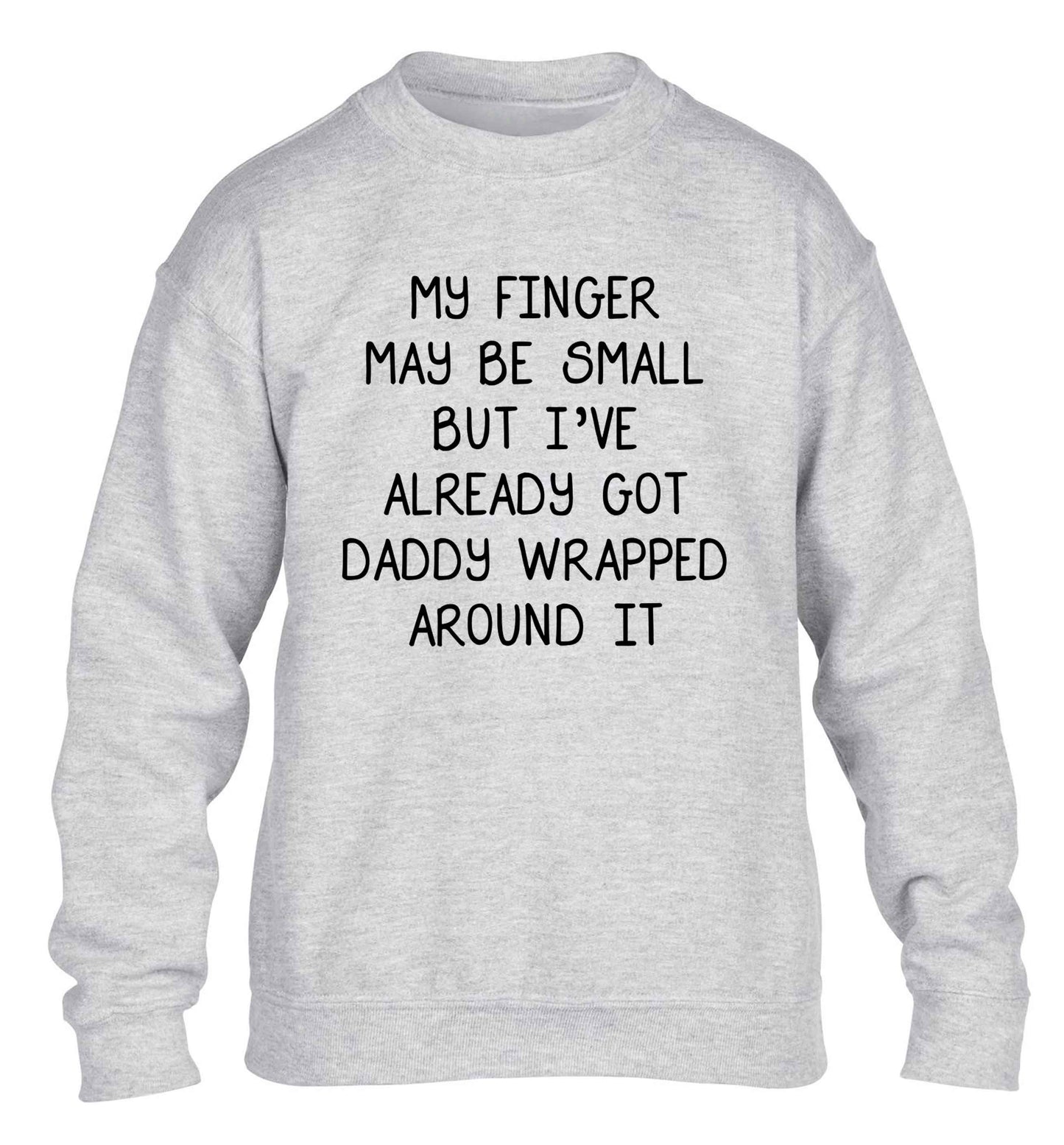 My finger may be small but I've already got daddy wrapped around it children's grey sweater 12-13 Years