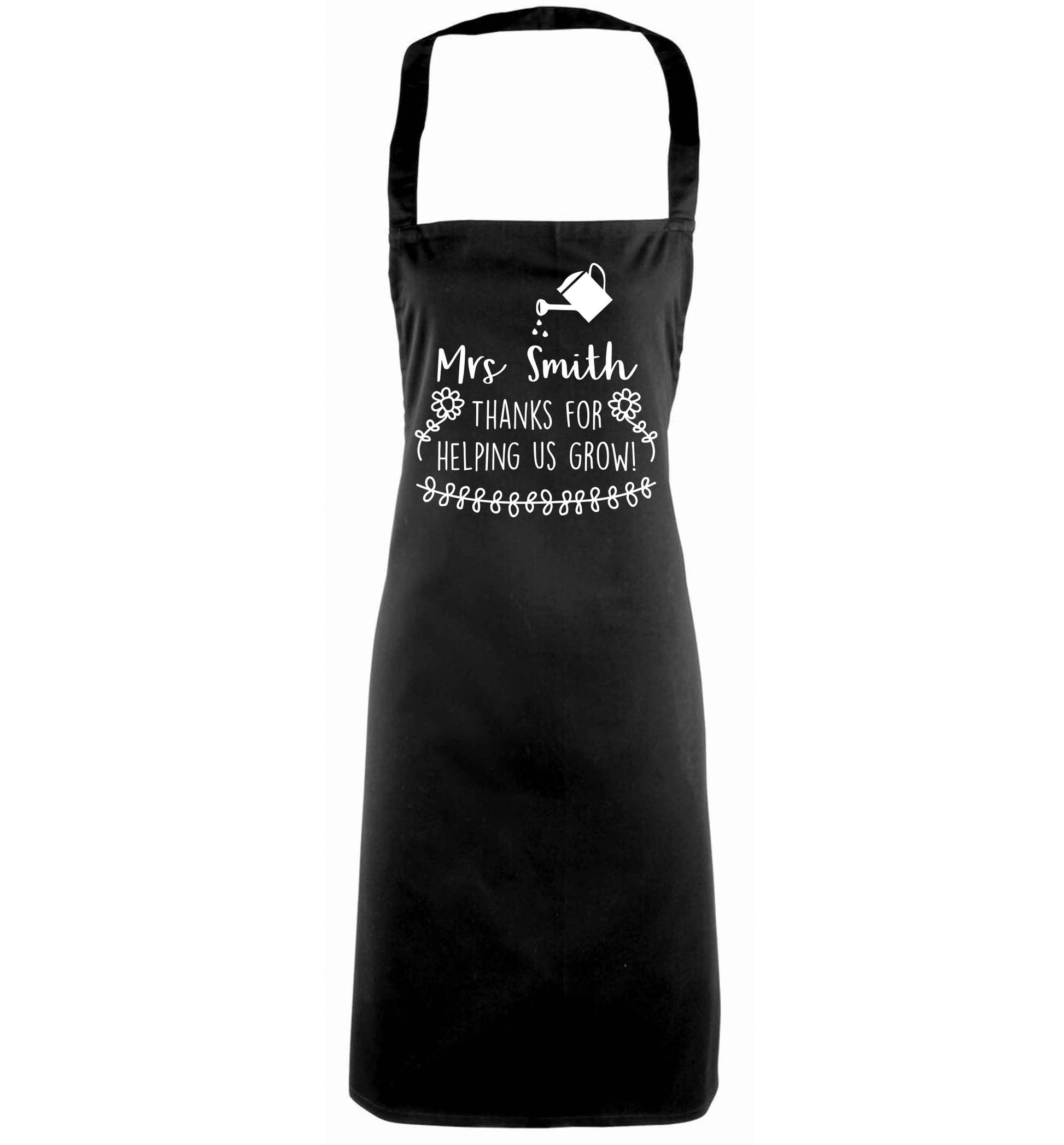 Personalised Mrs Smith thanks for helping us grow black apron