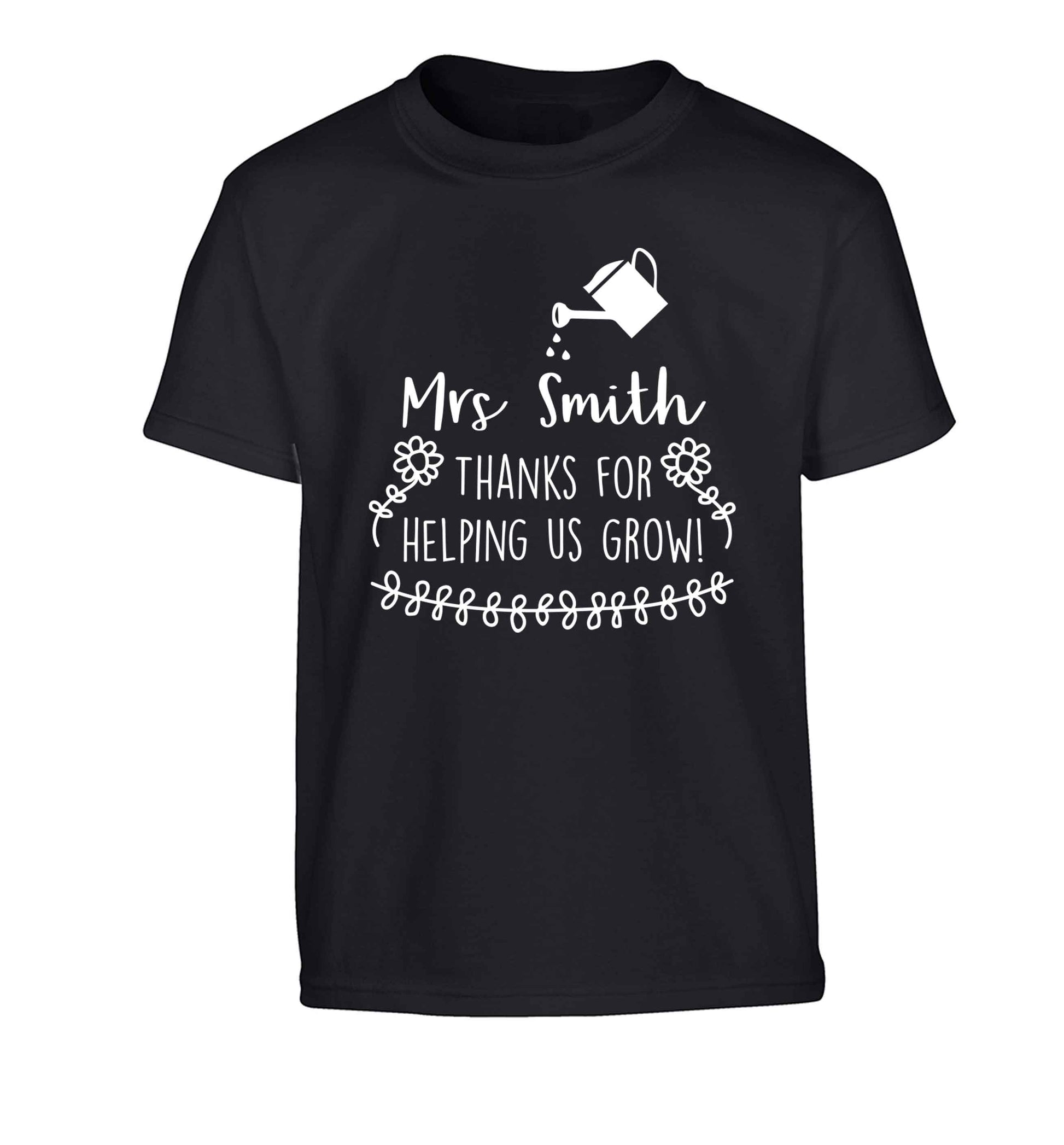 Personalised Mrs Smith thanks for helping us grow Children's black Tshirt 12-13 Years