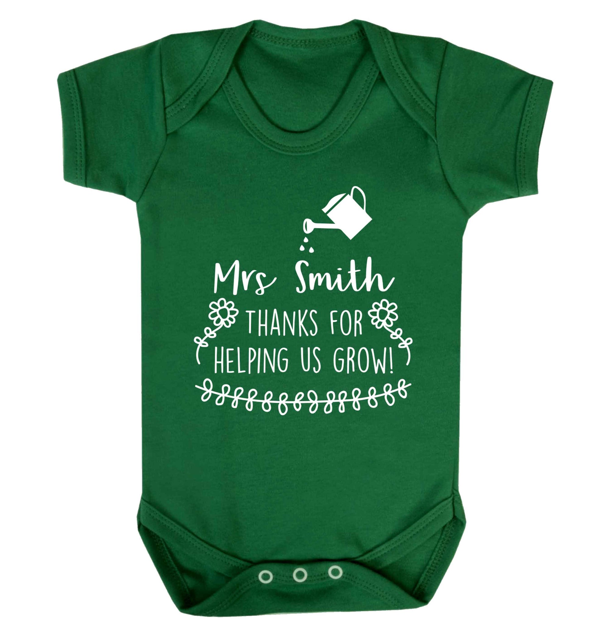 Personalised Mrs Smith thanks for helping us grow Baby Vest green 18-24 months