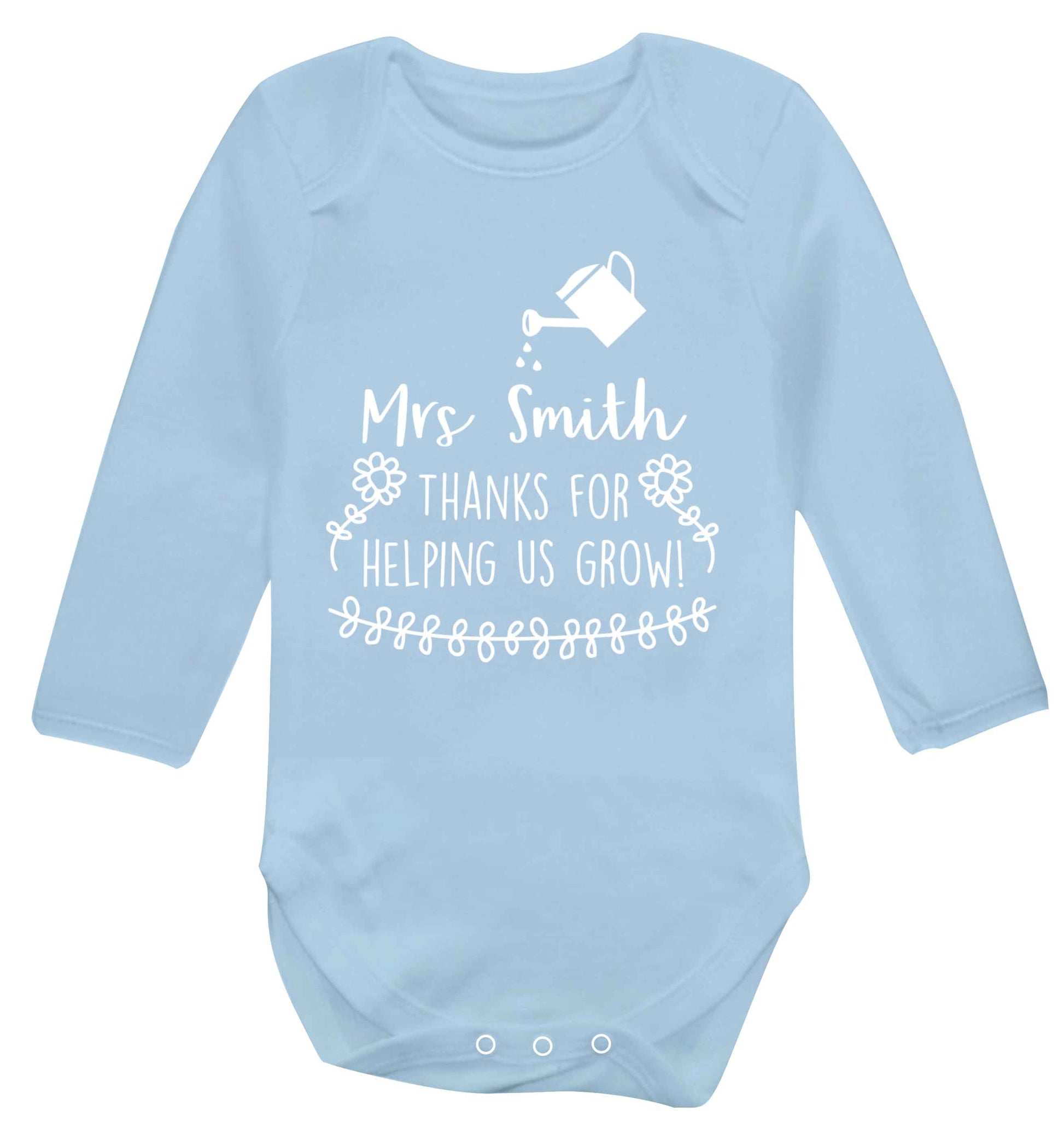 Personalised Mrs Smith thanks for helping us grow Baby Vest long sleeved pale blue 6-12 months