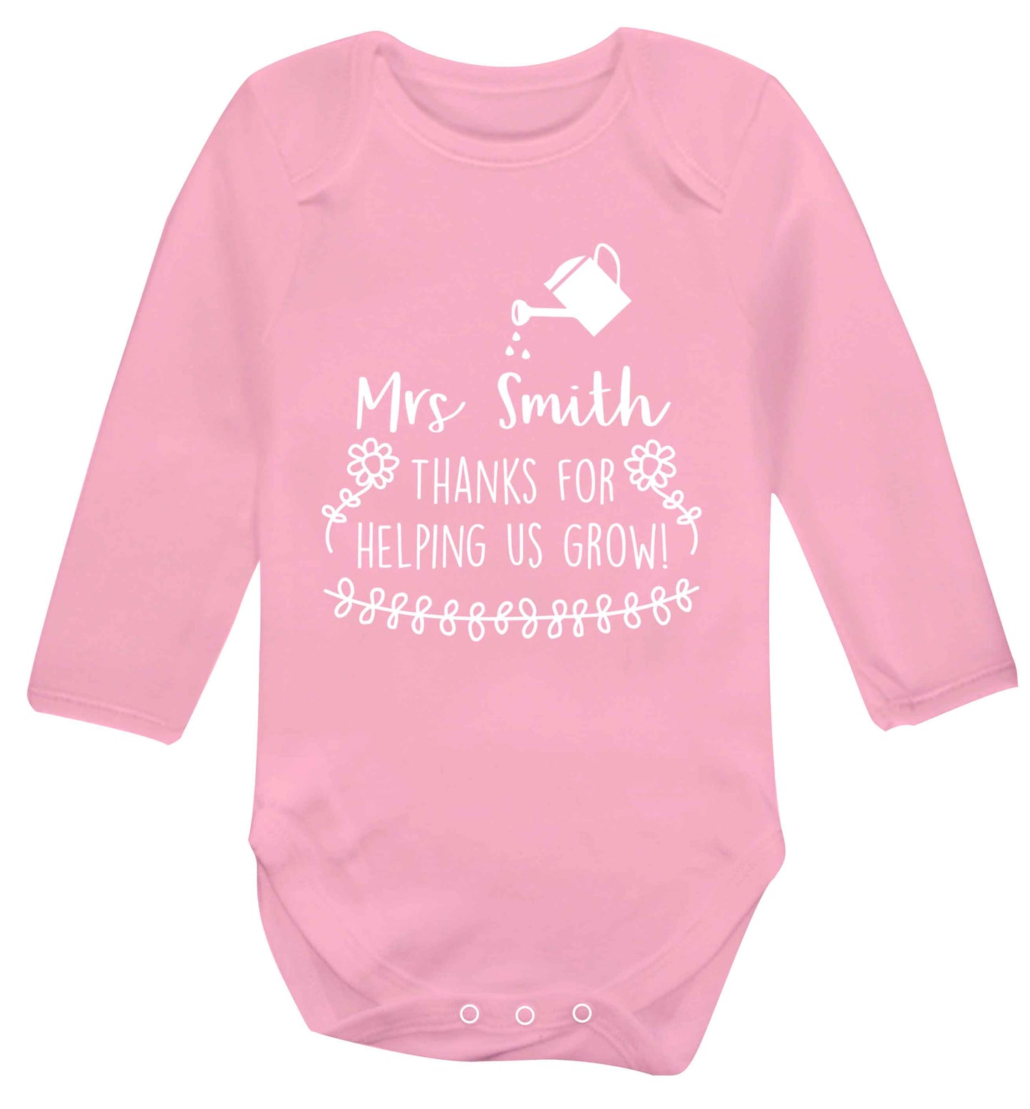 Personalised Mrs Smith thanks for helping us grow Baby Vest long sleeved pale pink 6-12 months