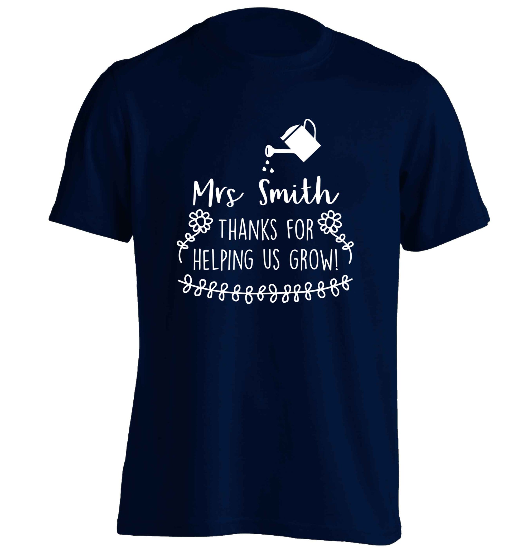 Personalised Mrs Smith thanks for helping us grow adults unisex navy Tshirt 2XL