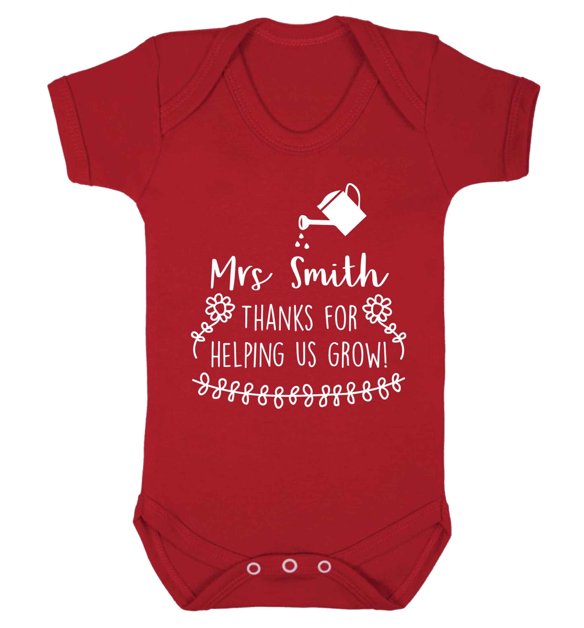 Personalised Mrs Smith thanks for helping us grow Baby Vest red 18-24 months