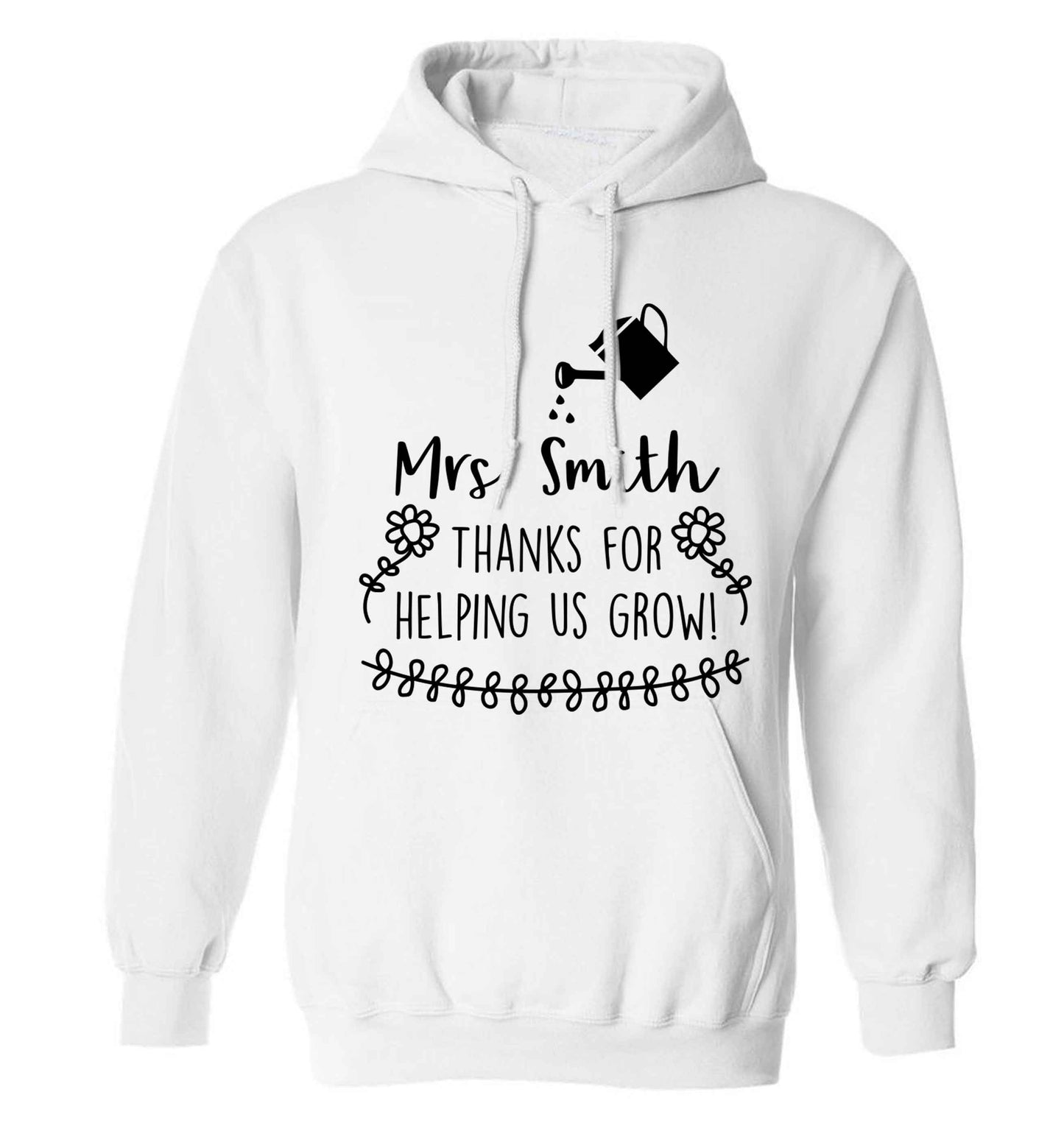 Personalised Mrs Smith thanks for helping us grow adults unisex white hoodie 2XL