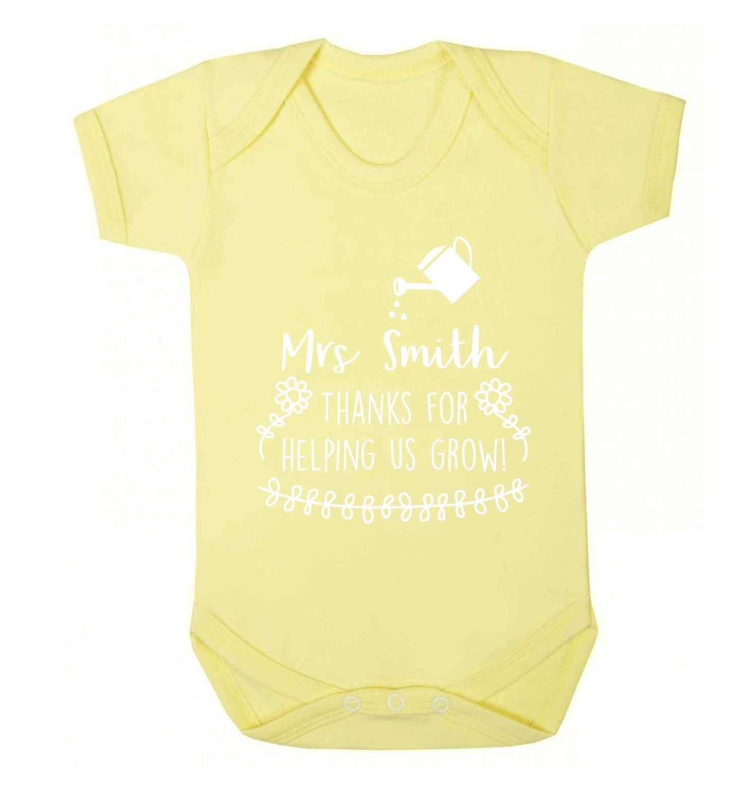 Personalised Mrs Smith thanks for helping us grow Baby Vest pale yellow 18-24 months