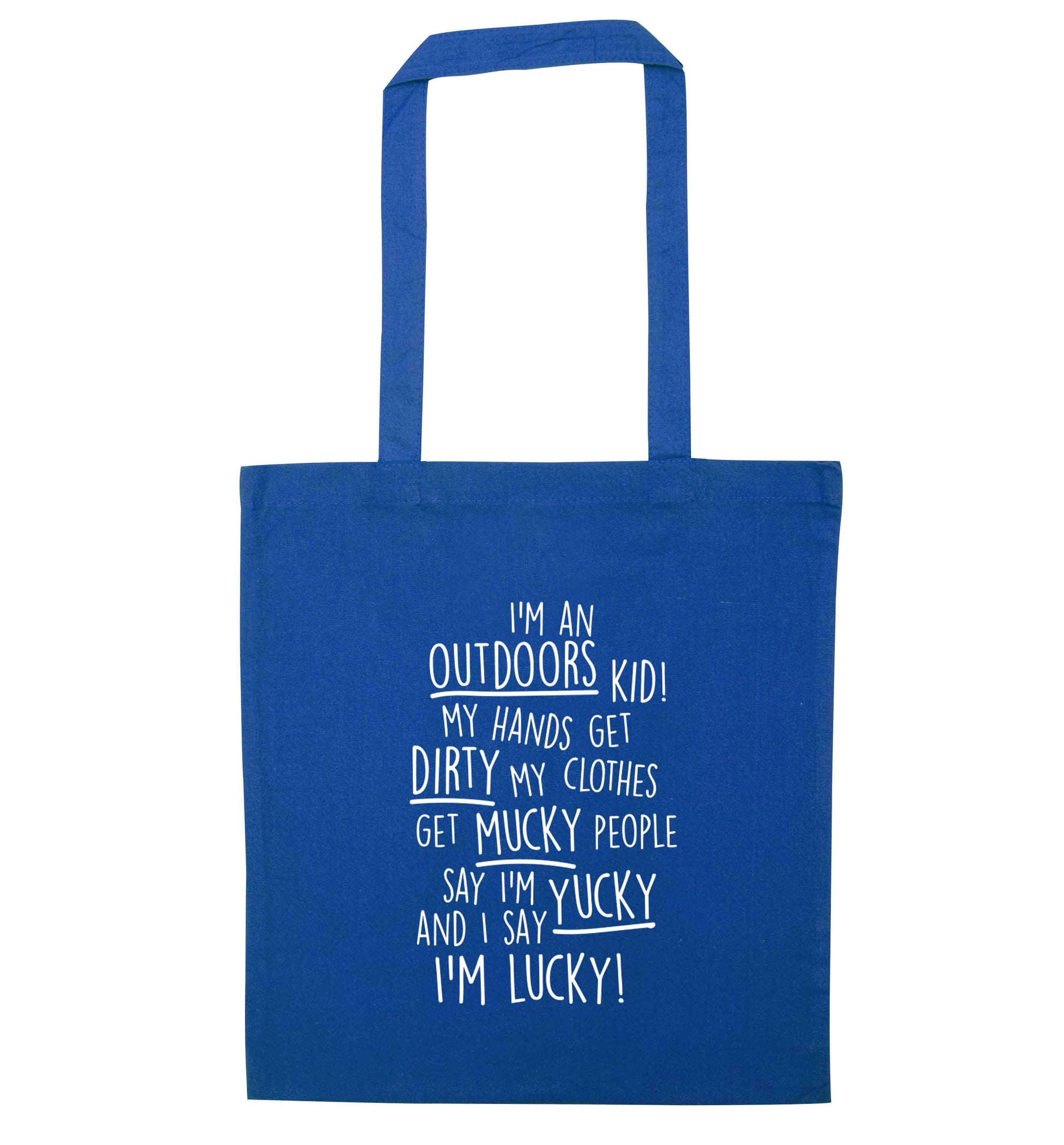 I'm an outdoors kid poem blue tote bag
