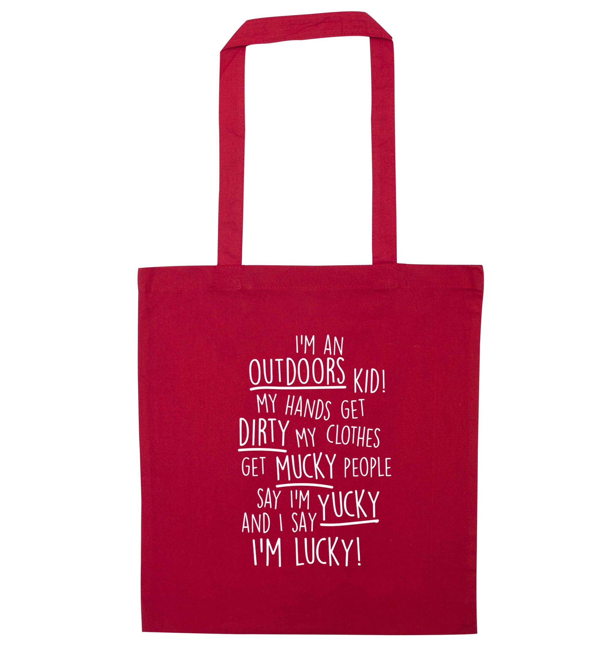 I'm an outdoors kid poem red tote bag