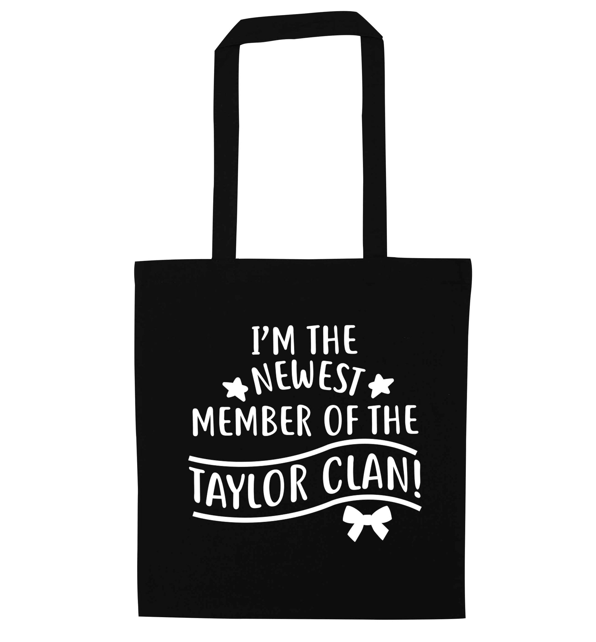 Personalised, newest member of the Taylor clan black tote bag