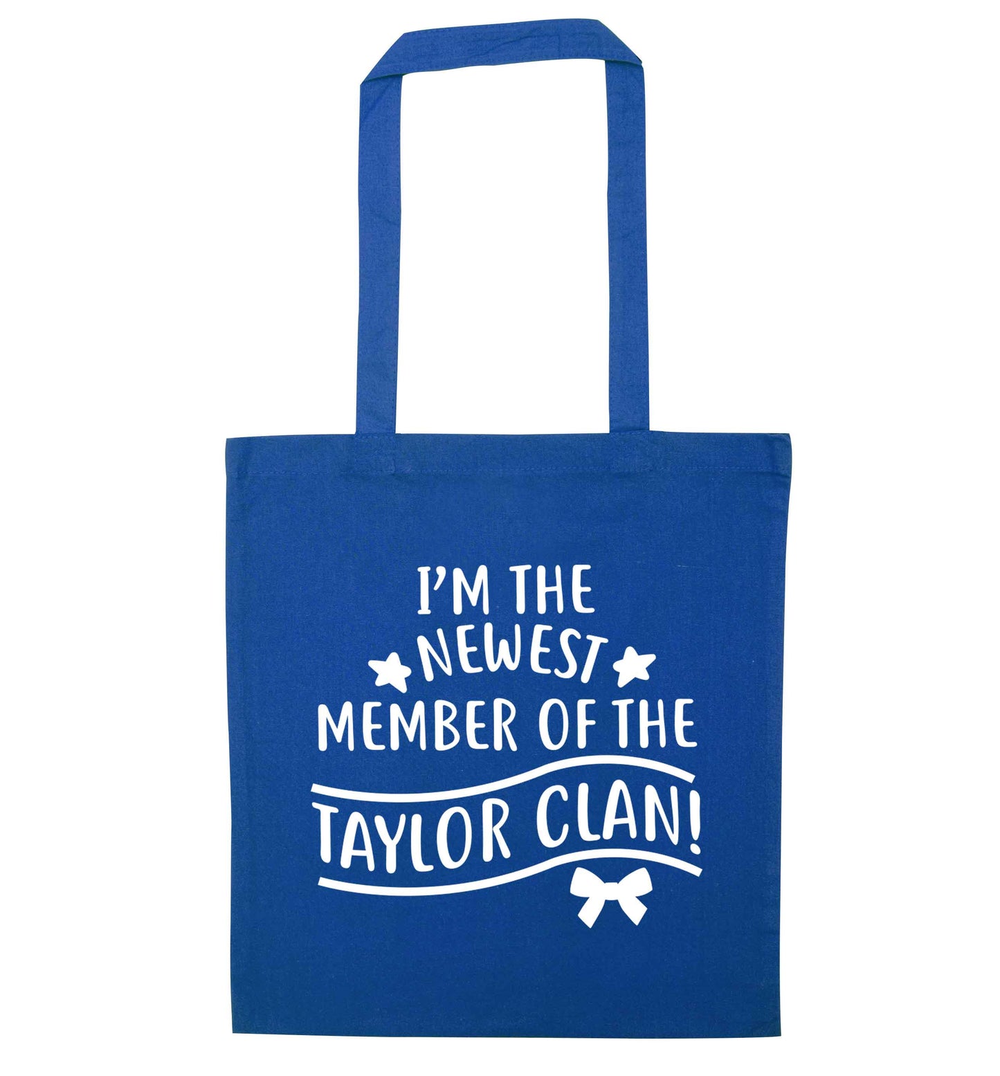 Personalised, newest member of the Taylor clan blue tote bag