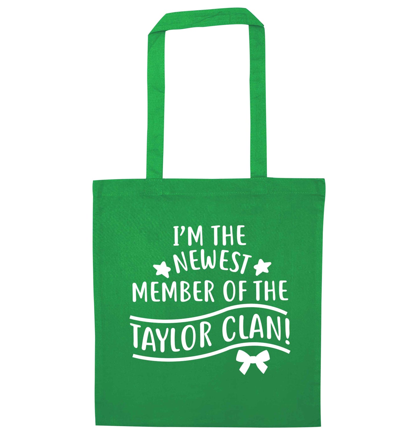 Personalised, newest member of the Taylor clan green tote bag