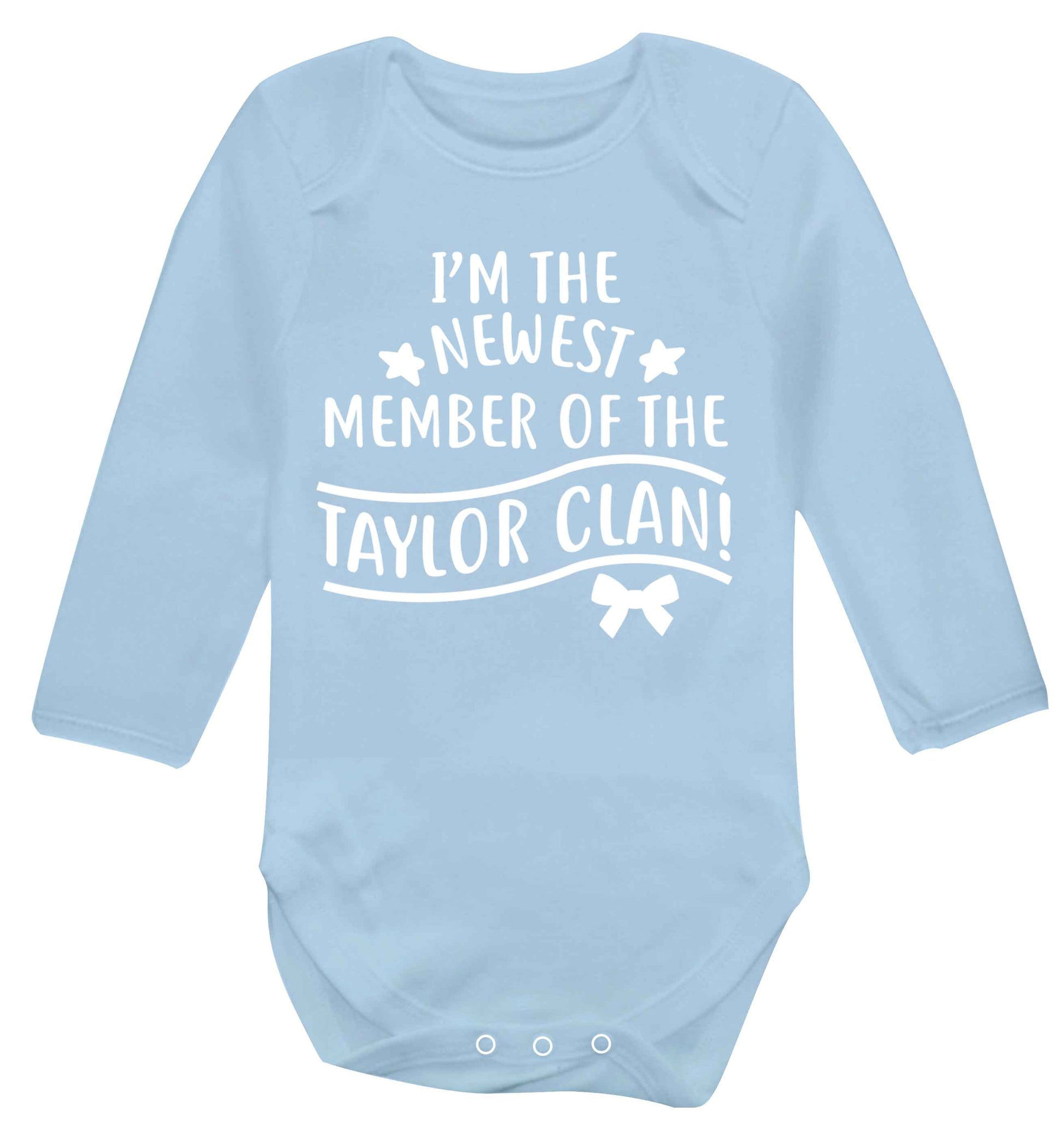Personalised, newest member of the Taylor clan Baby Vest long sleeved pale blue 6-12 months