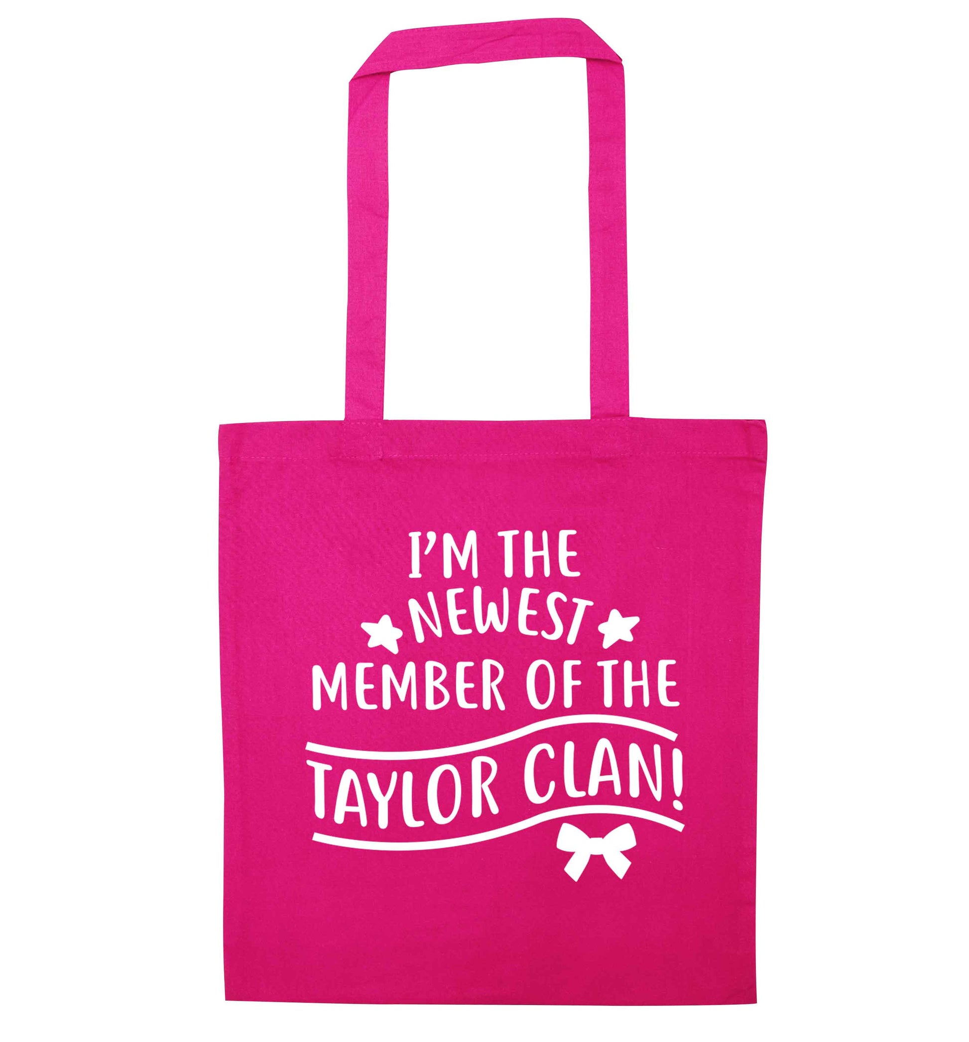 Personalised, newest member of the Taylor clan pink tote bag
