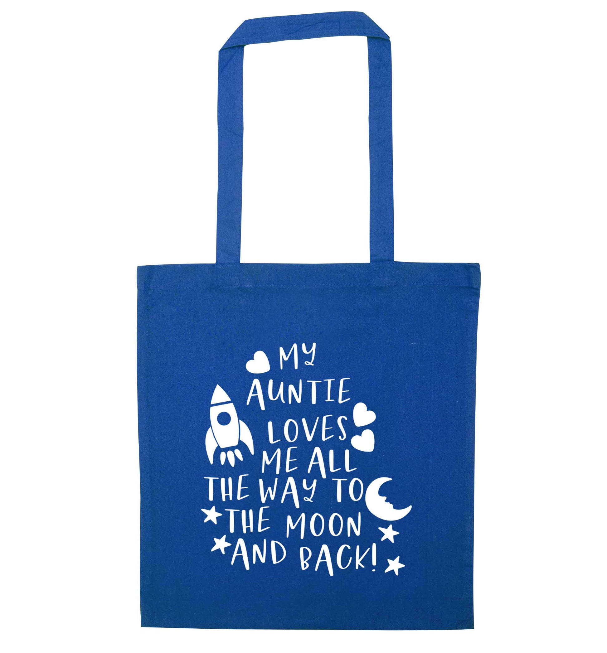 My auntie loves me all the way to the moon and back blue tote bag