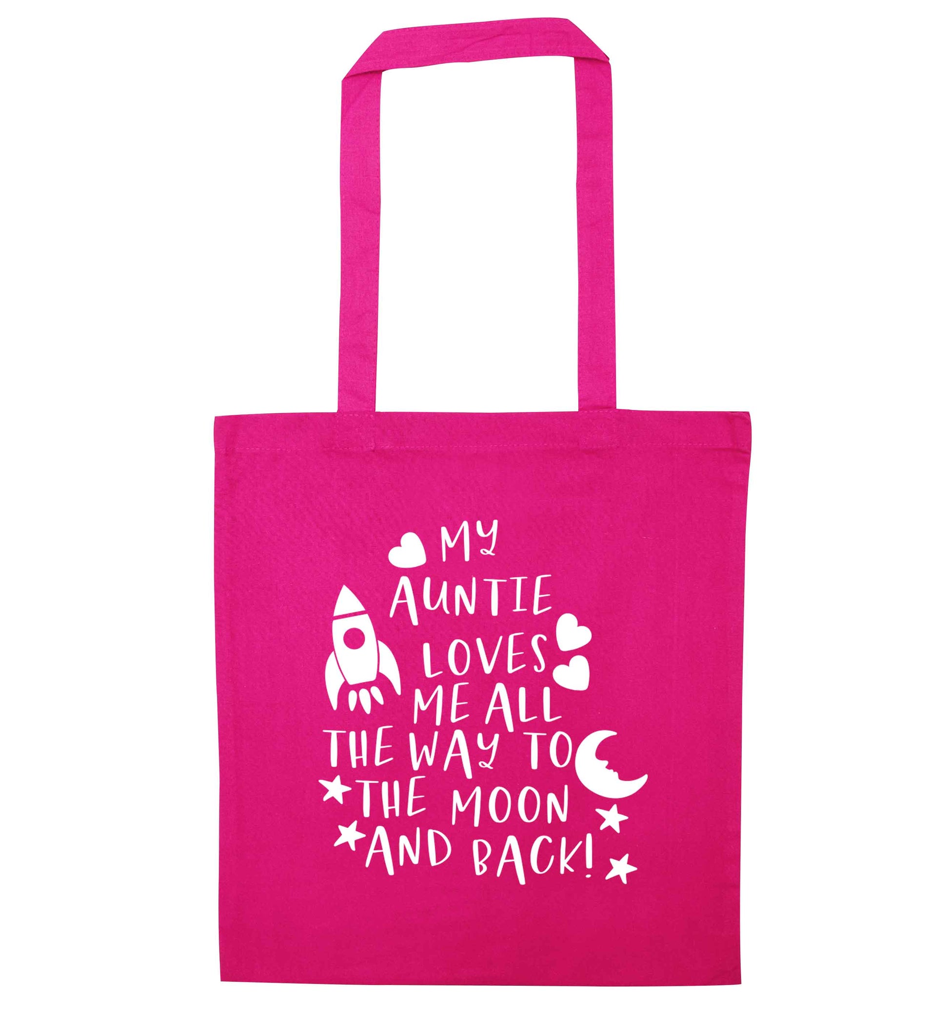 My auntie loves me all the way to the moon and back pink tote bag