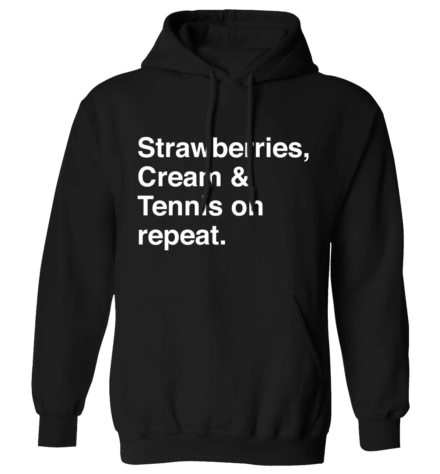 Strawberries, cream and tennis on repeat adults unisex black hoodie 2XL