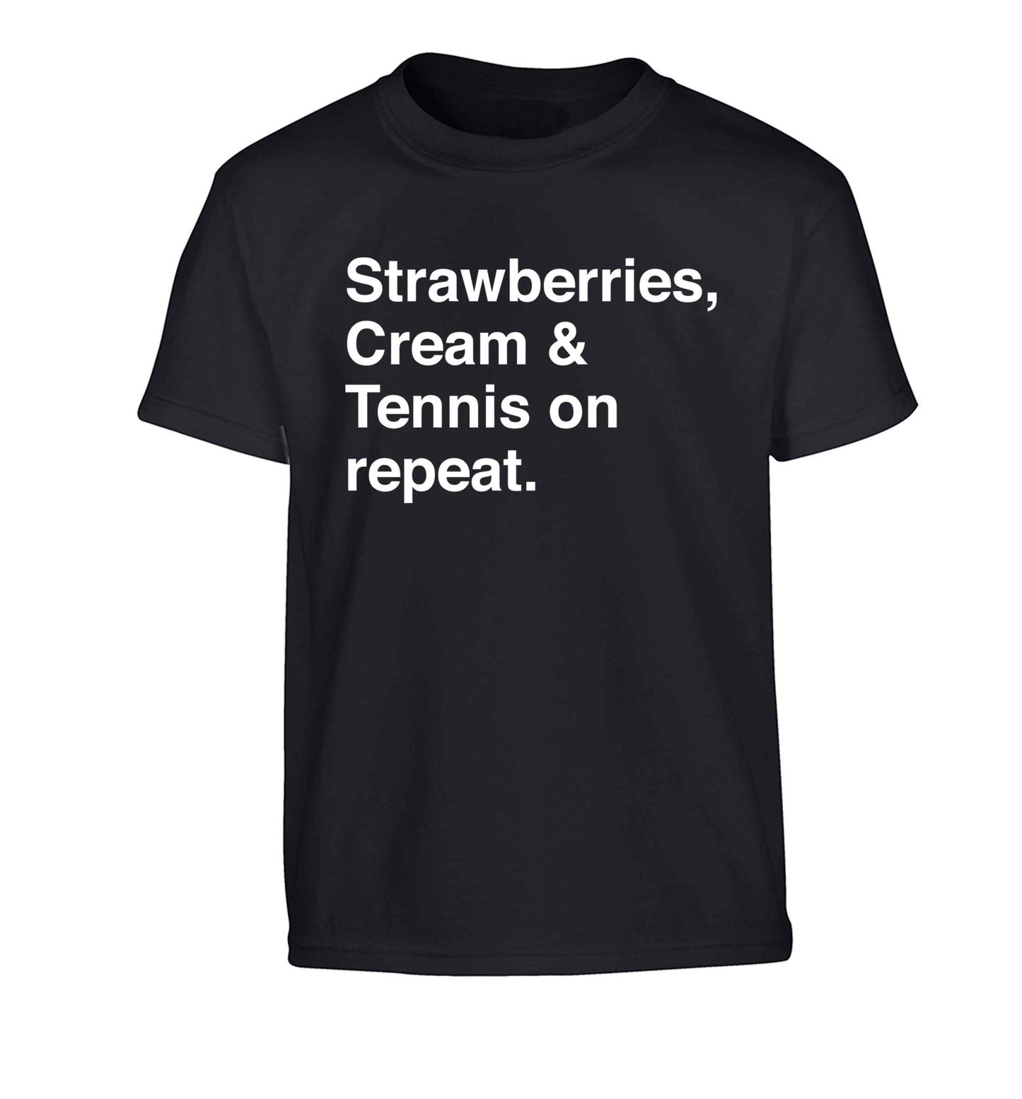 Strawberries, cream and tennis on repeat Children's black Tshirt 12-13 Years