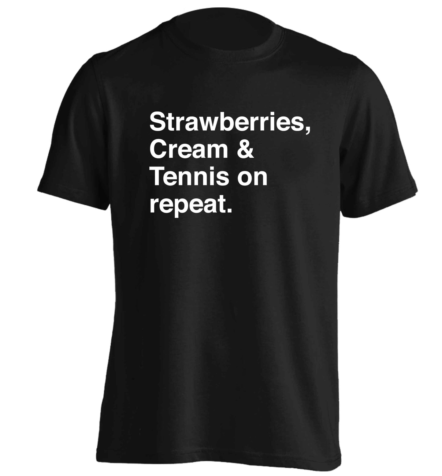 Strawberries, cream and tennis on repeat adults unisex black Tshirt 2XL