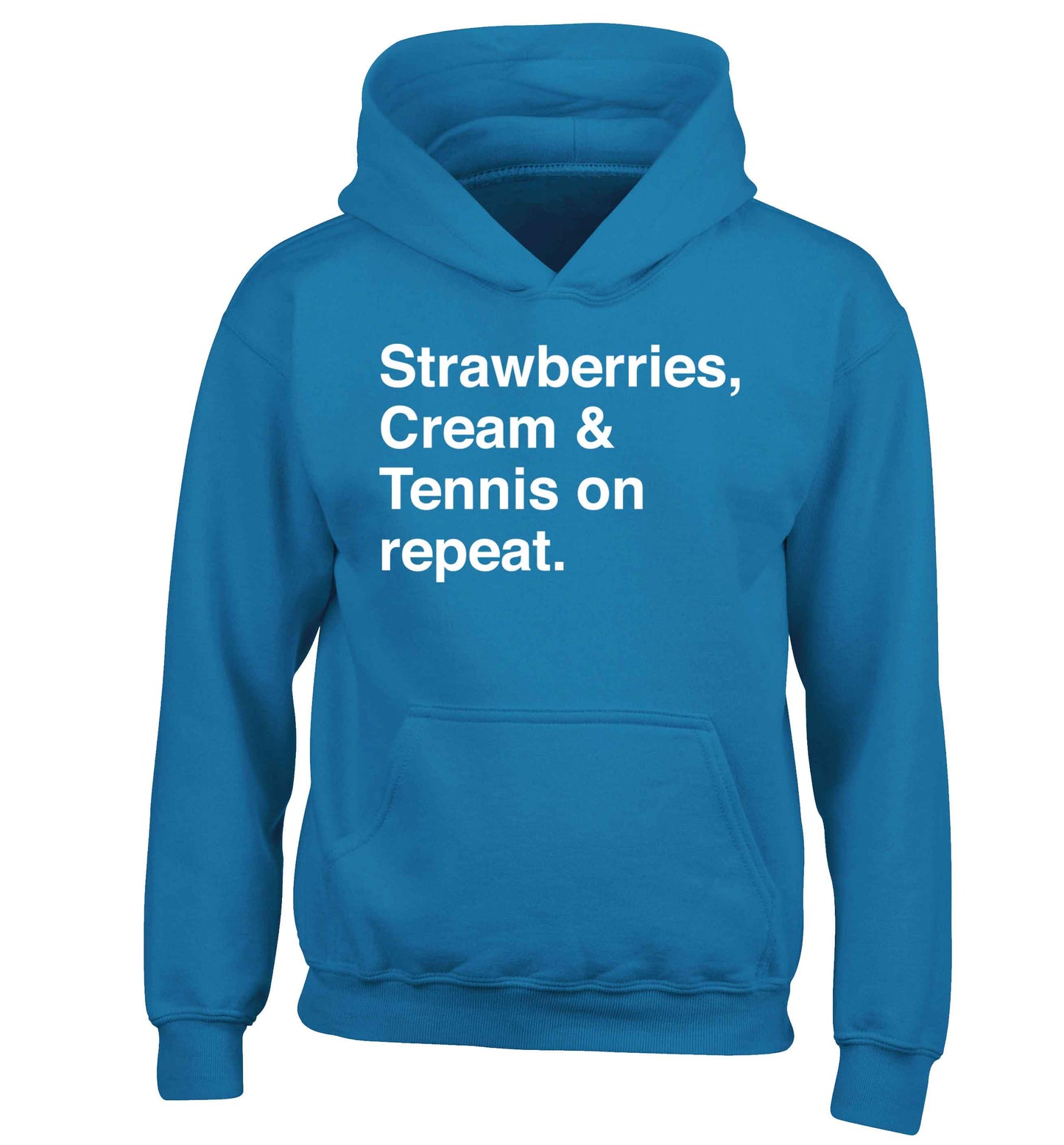 Strawberries, cream and tennis on repeat children's blue hoodie 12-13 Years