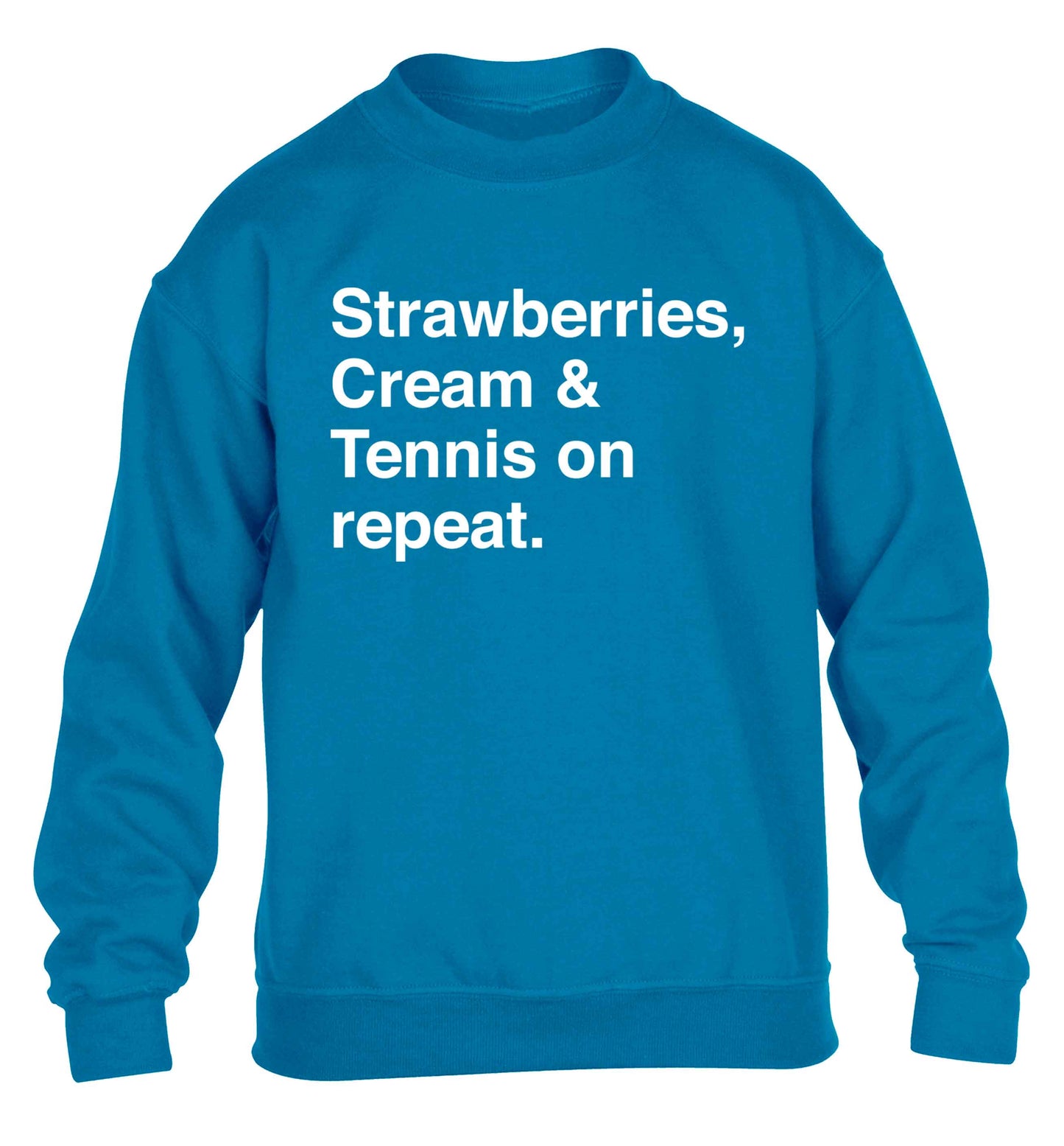 Strawberries, cream and tennis on repeat children's blue sweater 12-13 Years