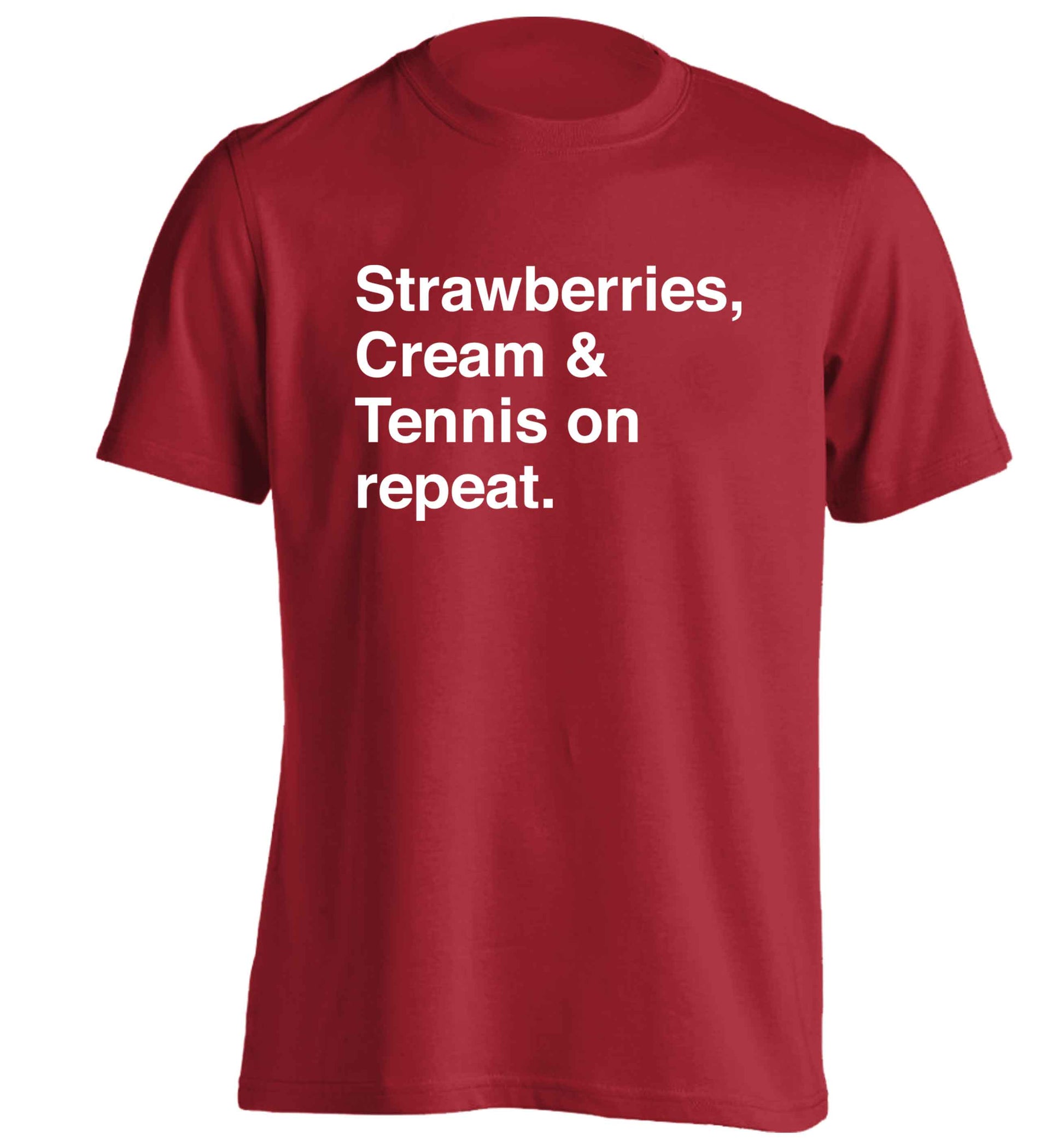 Strawberries, cream and tennis on repeat adults unisex red Tshirt 2XL