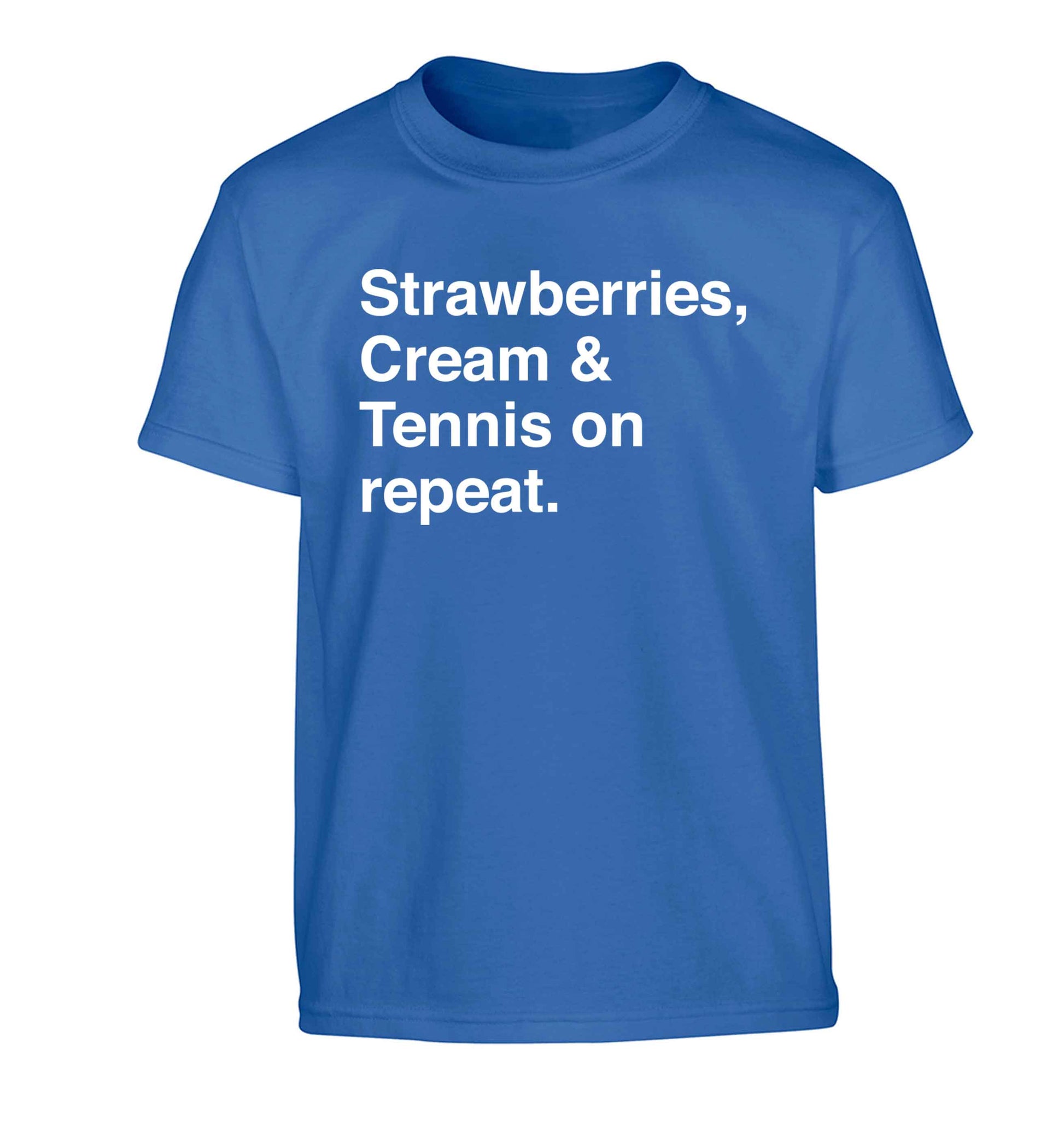Strawberries, cream and tennis on repeat Children's blue Tshirt 12-13 Years