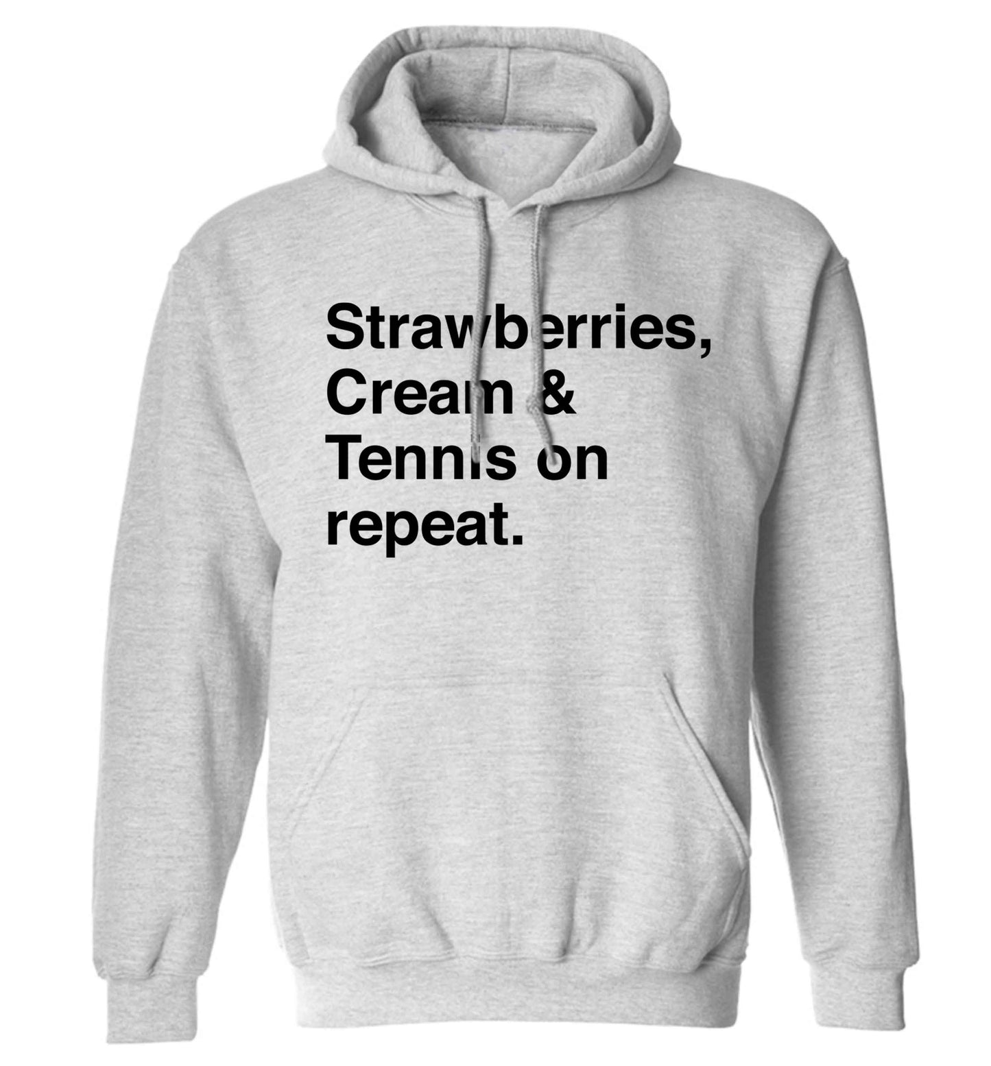 Strawberries, cream and tennis on repeat adults unisex grey hoodie 2XL