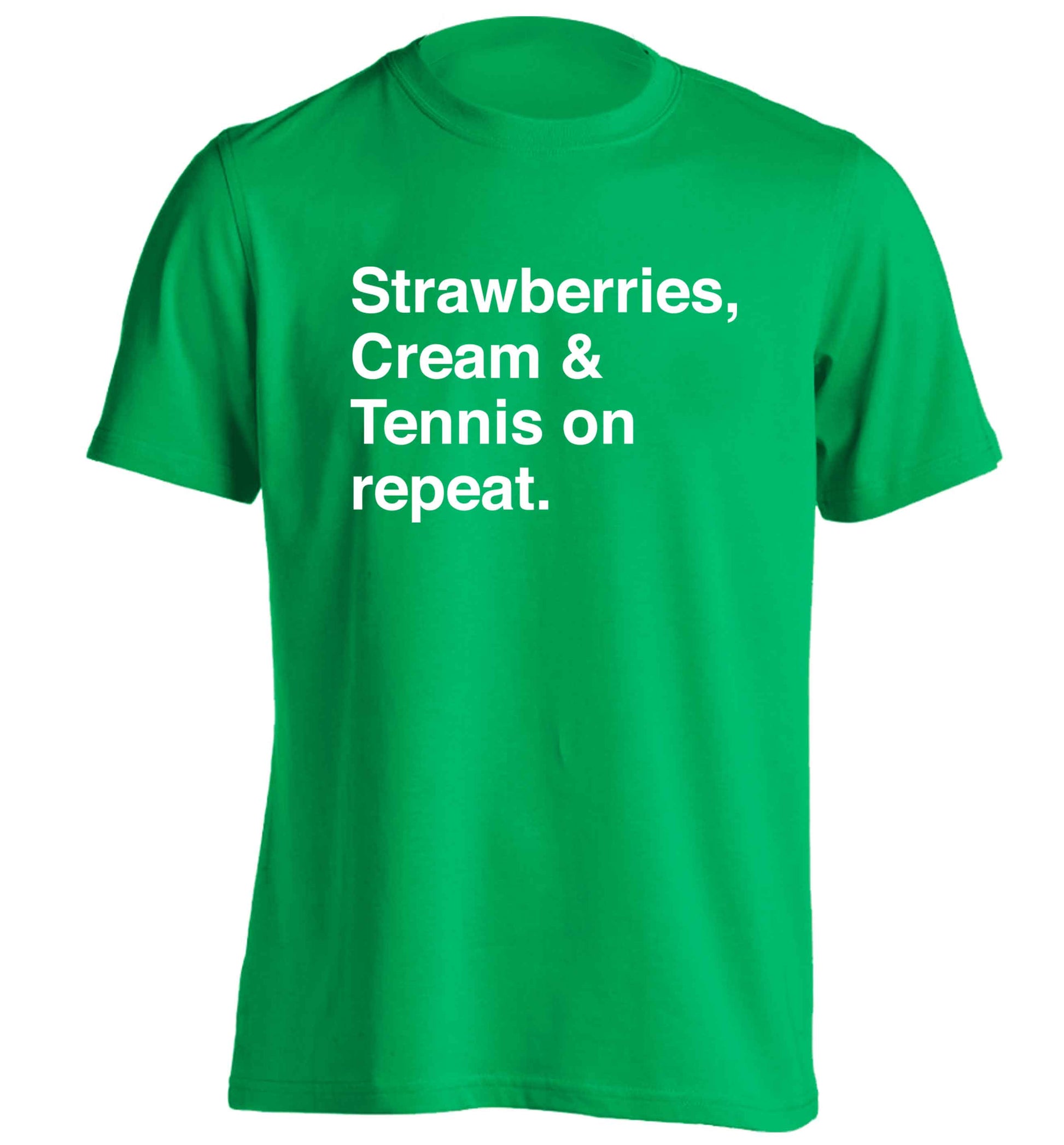 Strawberries, cream and tennis on repeat adults unisex green Tshirt 2XL