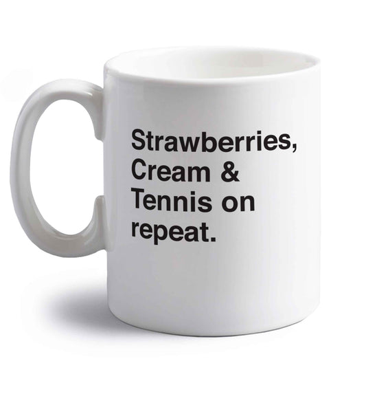 Strawberries, cream and tennis on repeat right handed white ceramic mug 