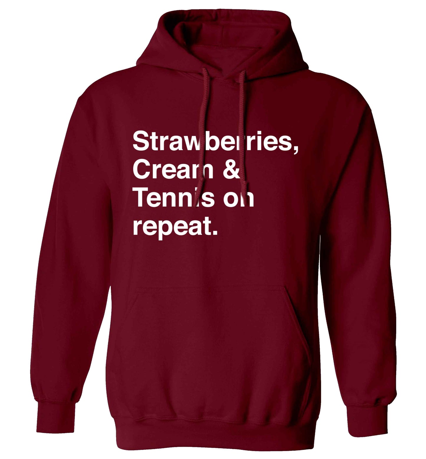 Strawberries, cream and tennis on repeat adults unisex maroon hoodie 2XL