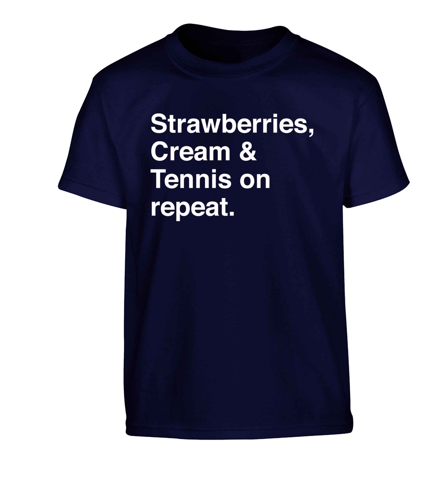 Strawberries, cream and tennis on repeat Children's navy Tshirt 12-13 Years