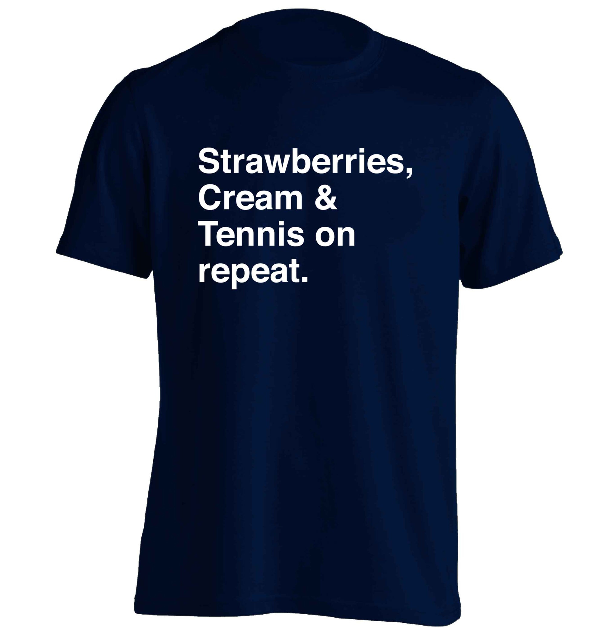 Strawberries, cream and tennis on repeat adults unisex navy Tshirt 2XL