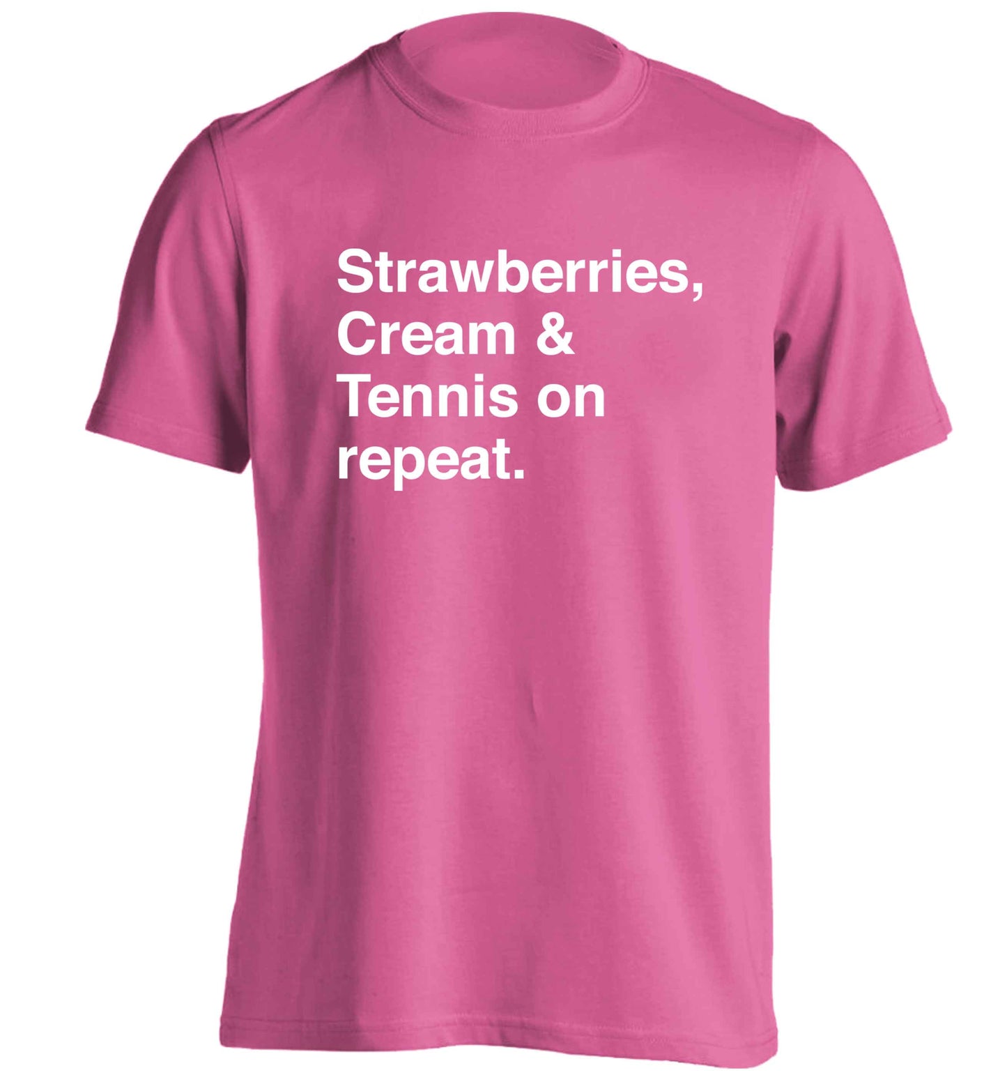 Strawberries, cream and tennis on repeat adults unisex pink Tshirt 2XL
